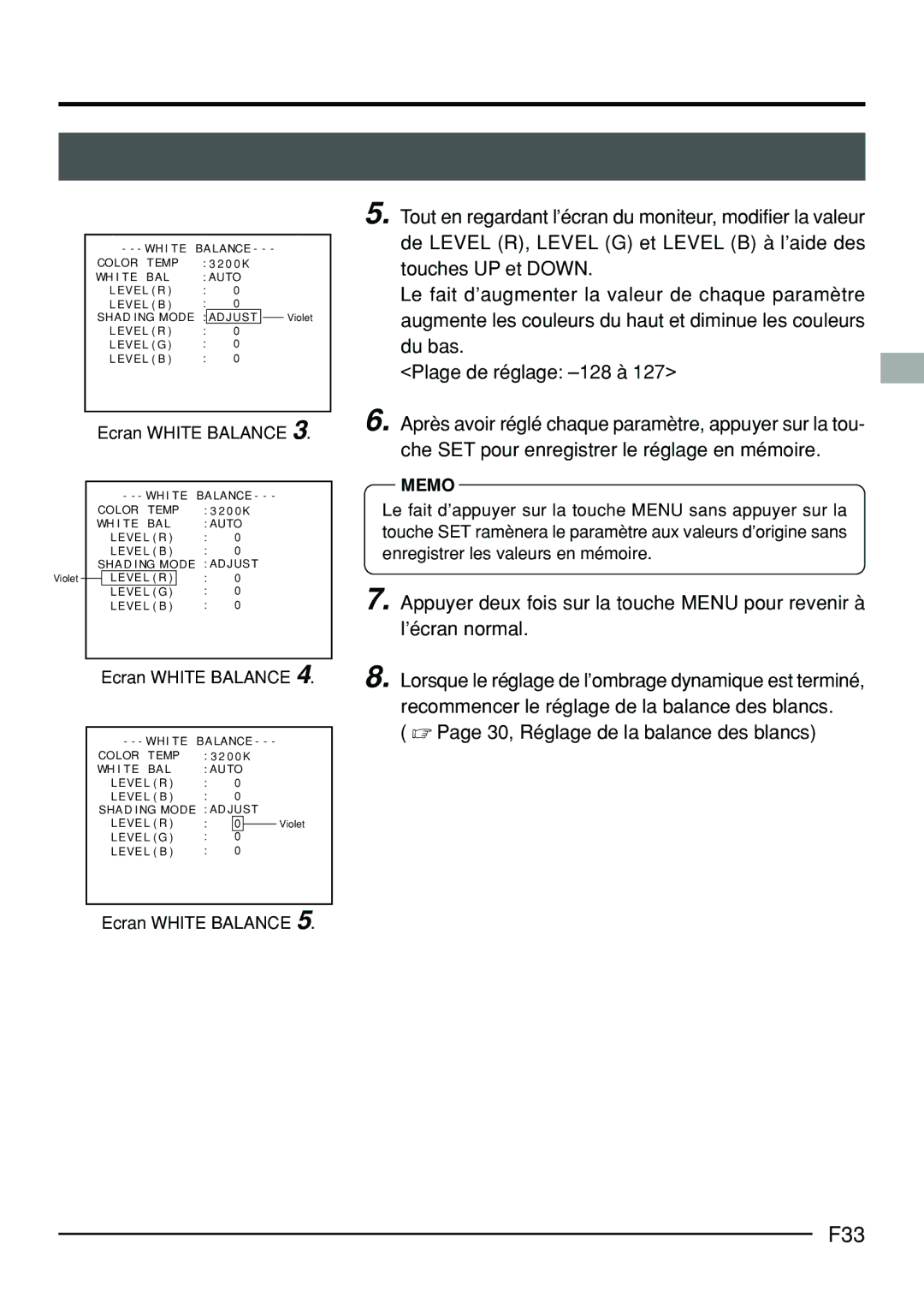 JVC KY-F70B manual F33,  Page 30, Réglage de la balance des blancs 