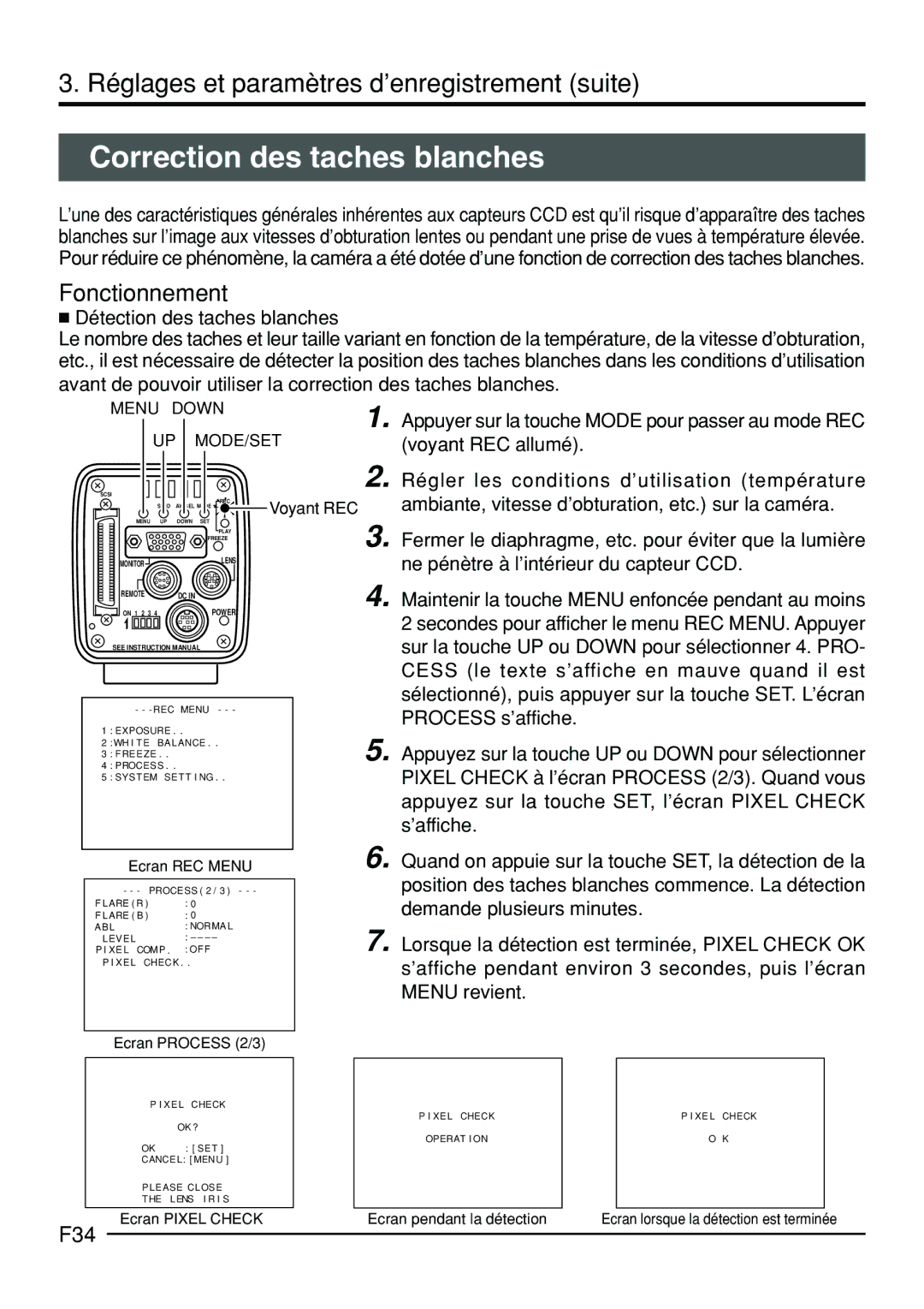 JVC KY-F70B manual Correction des taches blanches, Fonctionnement, F34 