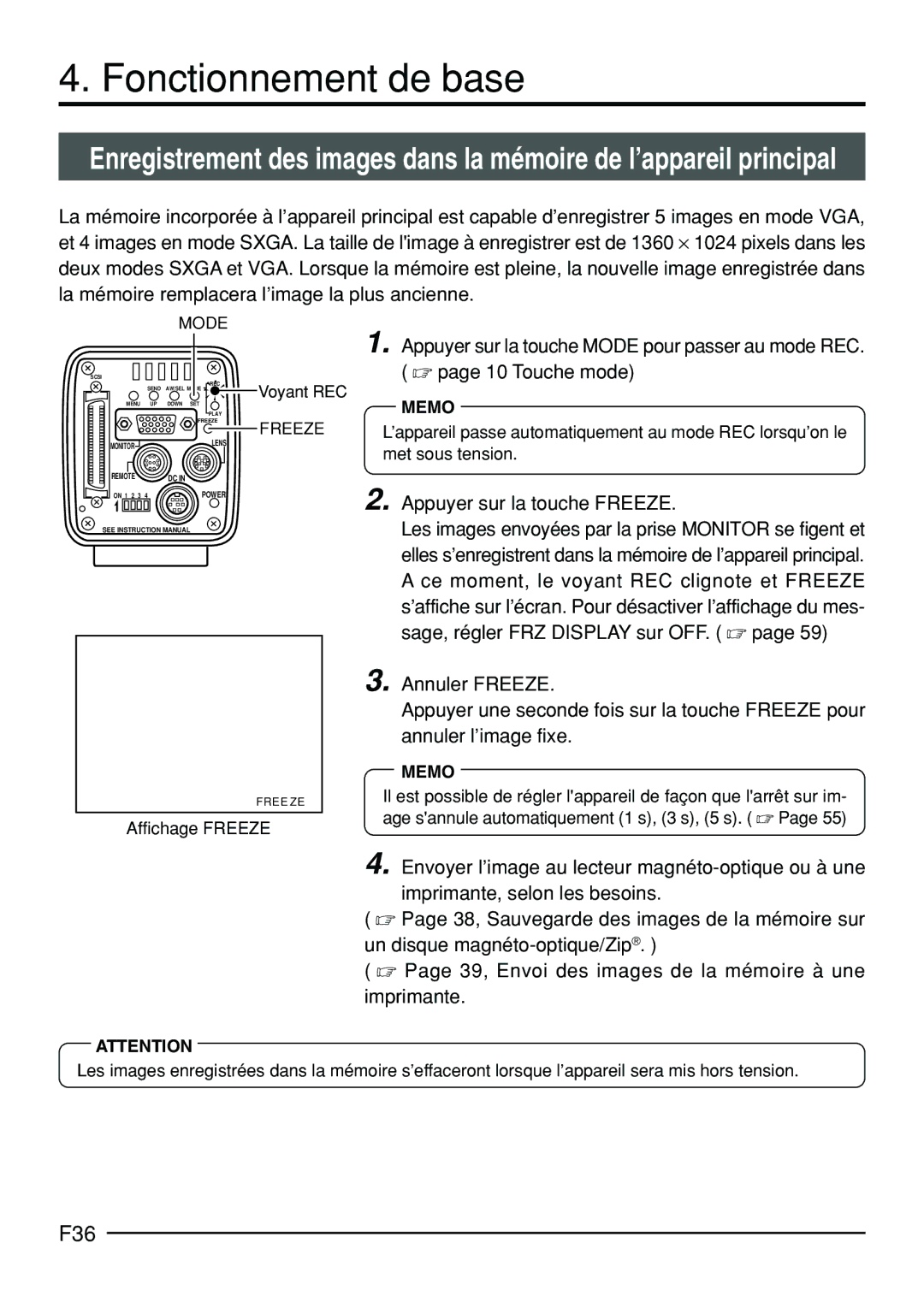 JVC KY-F70B manual Fonctionnement de base, F36, Appuyer sur la touche Freeze, Affichage Freeze 