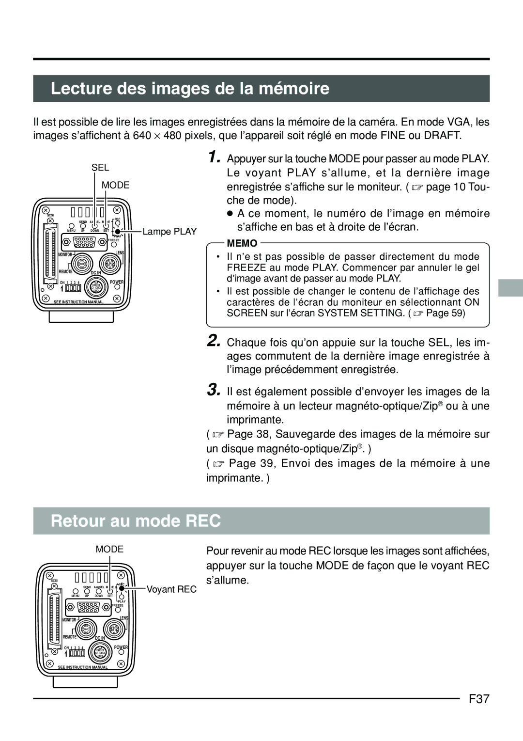 JVC KY-F70B manual Lecture des images de la mémoire, Retour au mode REC, F37 