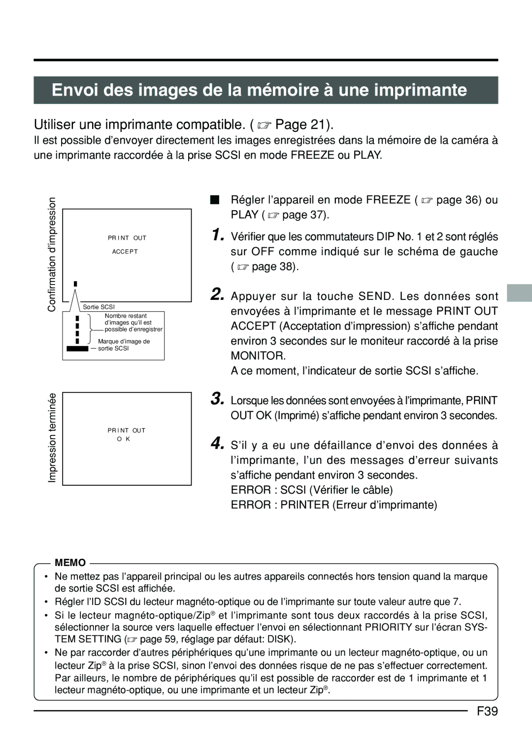 JVC KY-F70B manual Envoi des images de la mémoire à une imprimante, Utiliser une imprimante compatible. , F39, Terminée 