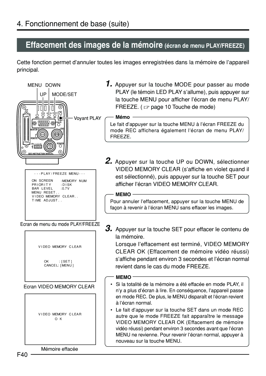 JVC KY-F70B manual F40, Ecran Video Memory Clear, Mémoire effacée 