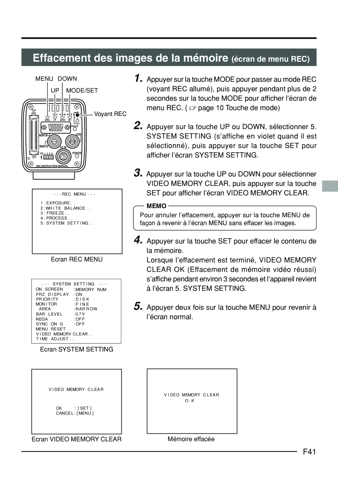 JVC KY-F70B manual Effacement des images de la mémoire écran de menu REC, F41 