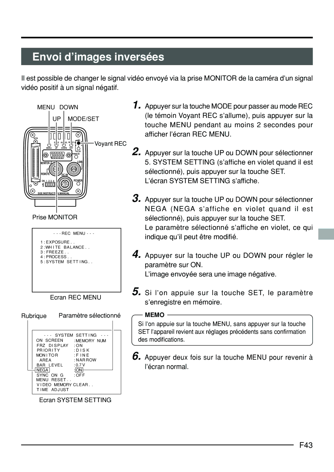 JVC KY-F70B manual Envoi d’images inversées, F43 