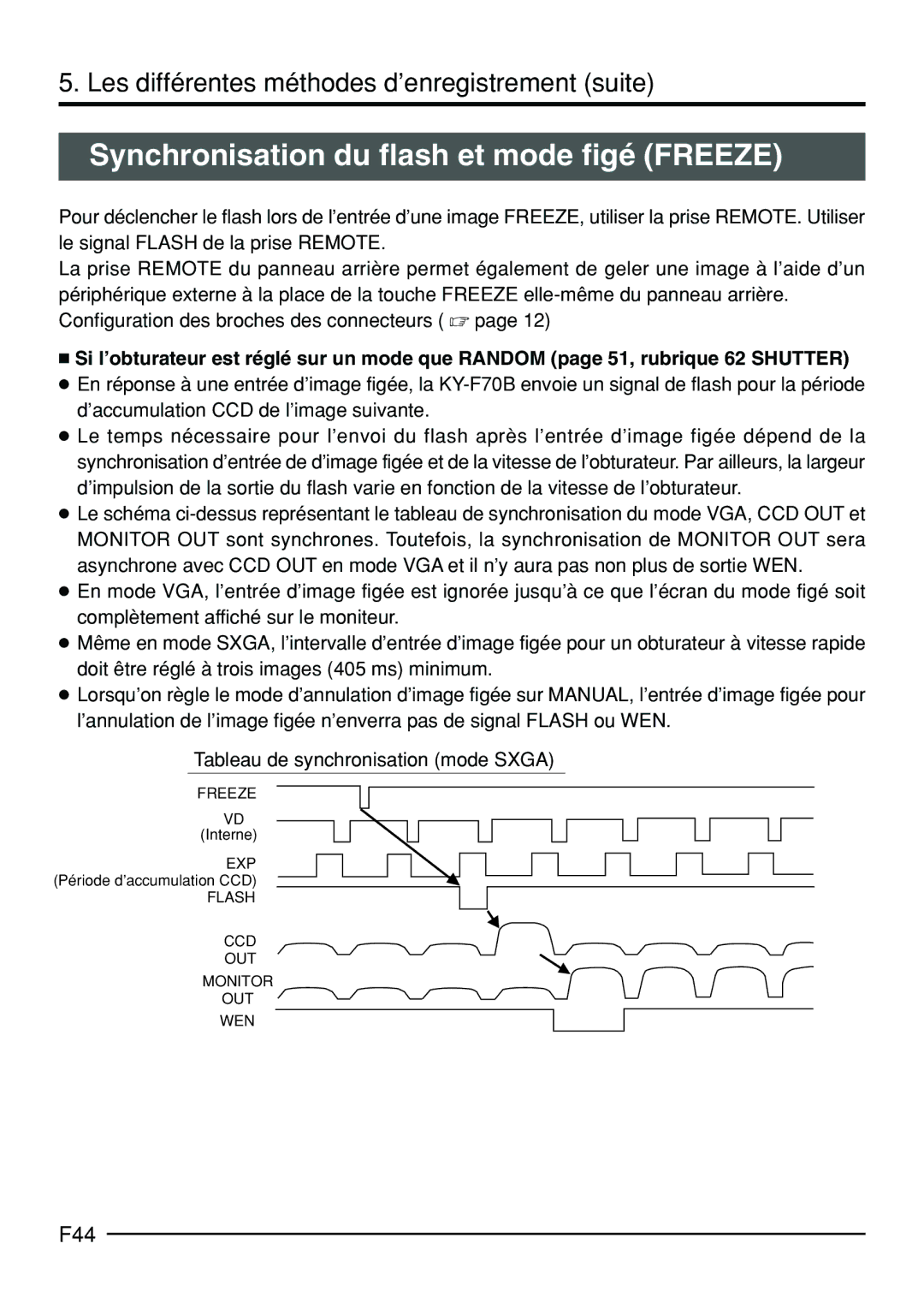 JVC KY-F70B manual Synchronisation du flash et mode figé Freeze, F44 