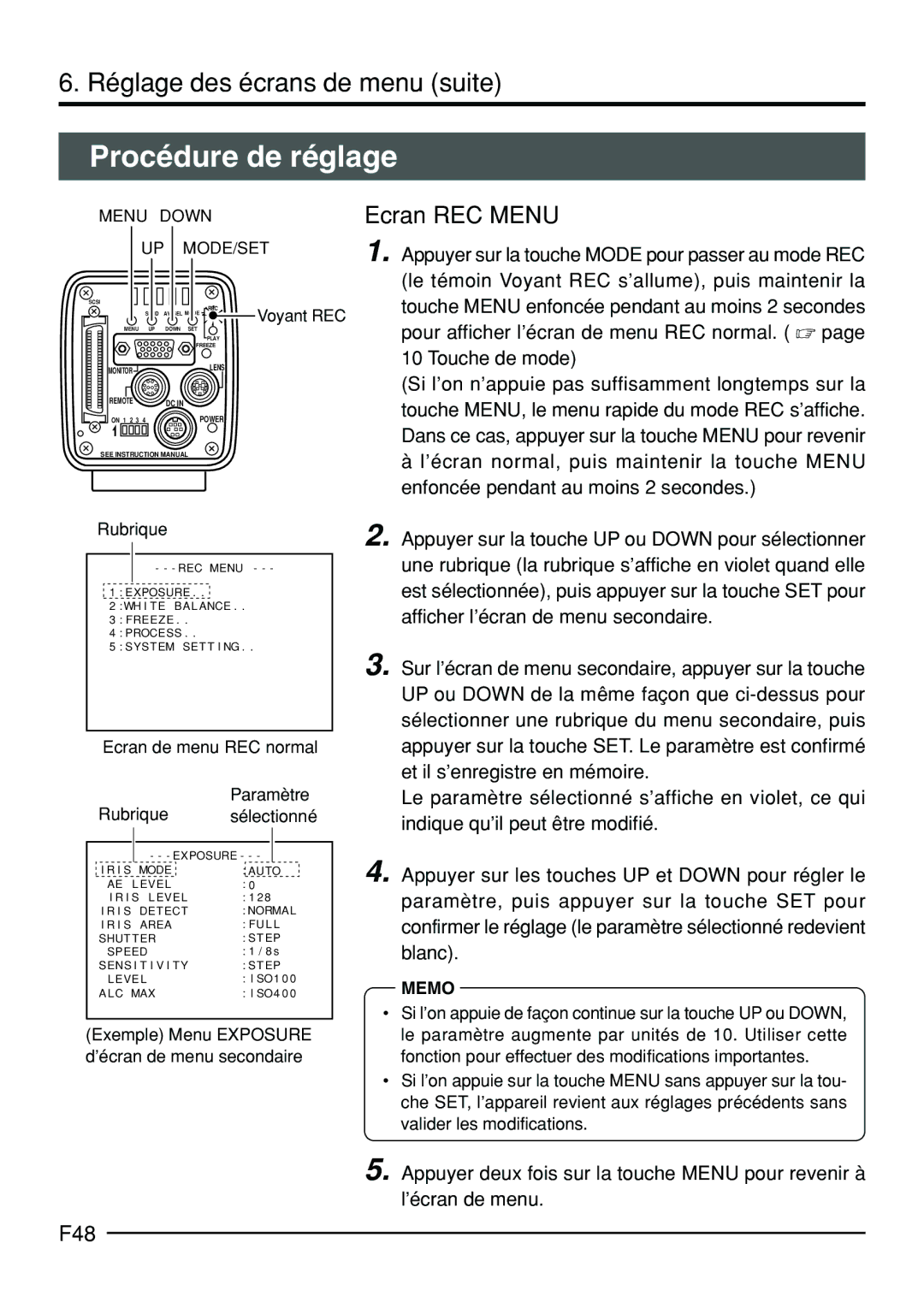 JVC KY-F70B manual Procédure de réglage, Ecran REC Menu, F48, Ecran de menu REC normal Rubrique Paramètre Sélectionné 