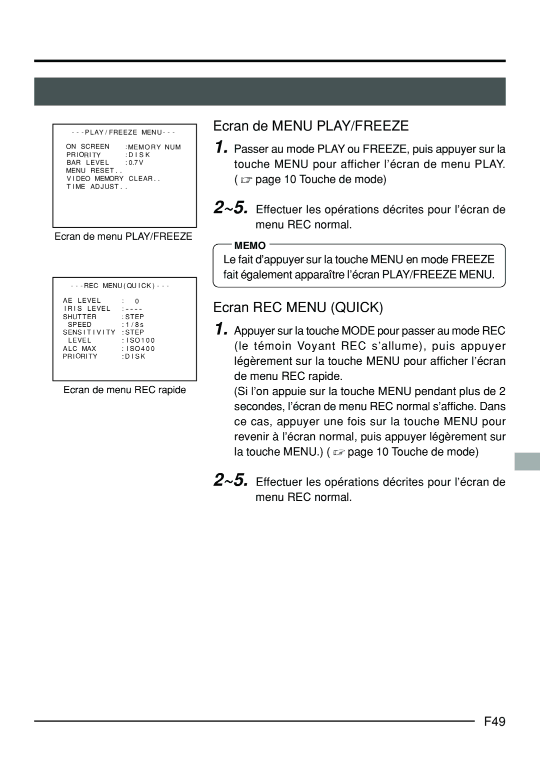 JVC KY-F70B manual Ecran de Menu PLAY/FREEZE, Ecran REC Menu Quick, F49 