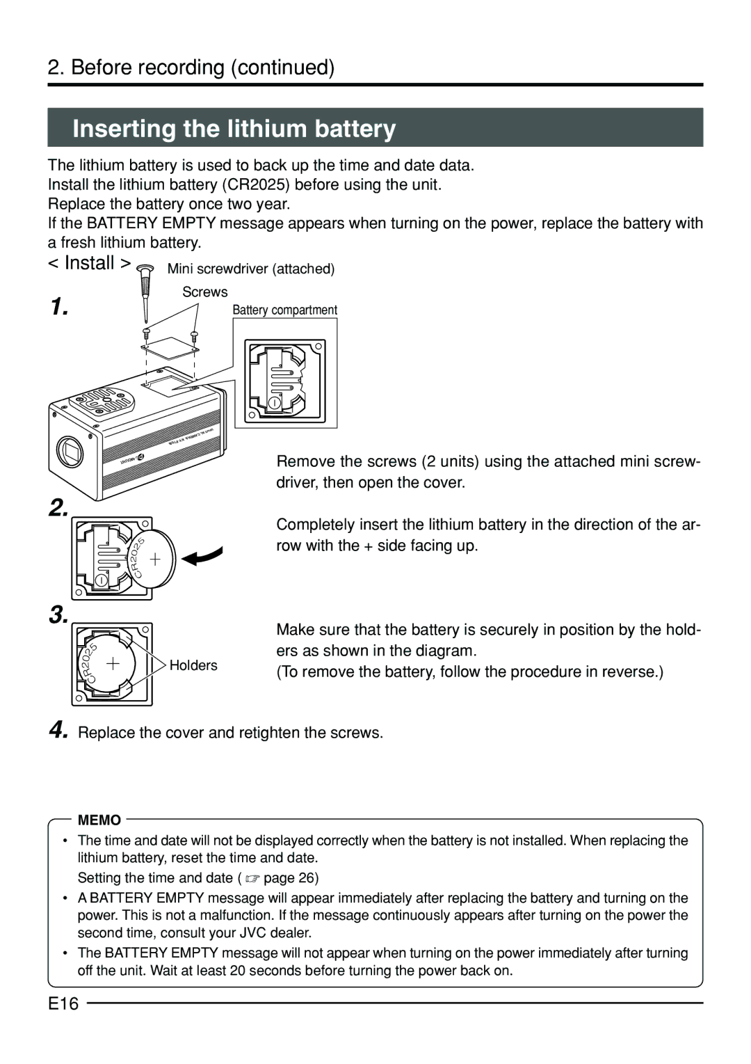 JVC KY-F70B manual Inserting the lithium battery, E16, Replace the cover and retighten the screws, Holders 