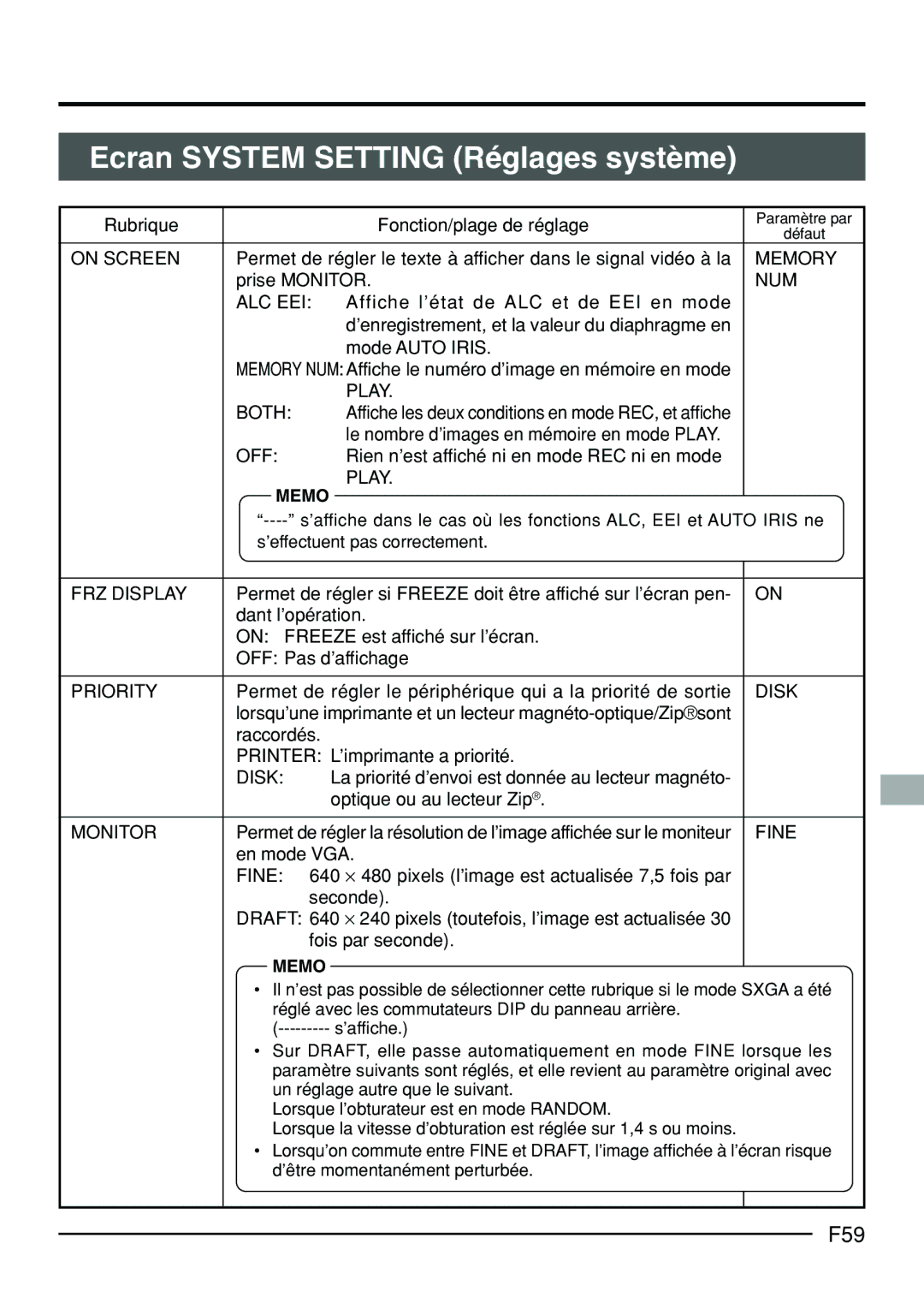 JVC KY-F70B manual Ecran System Setting Réglages système, F59, Affiche les deux conditions en mode REC, et affiche 