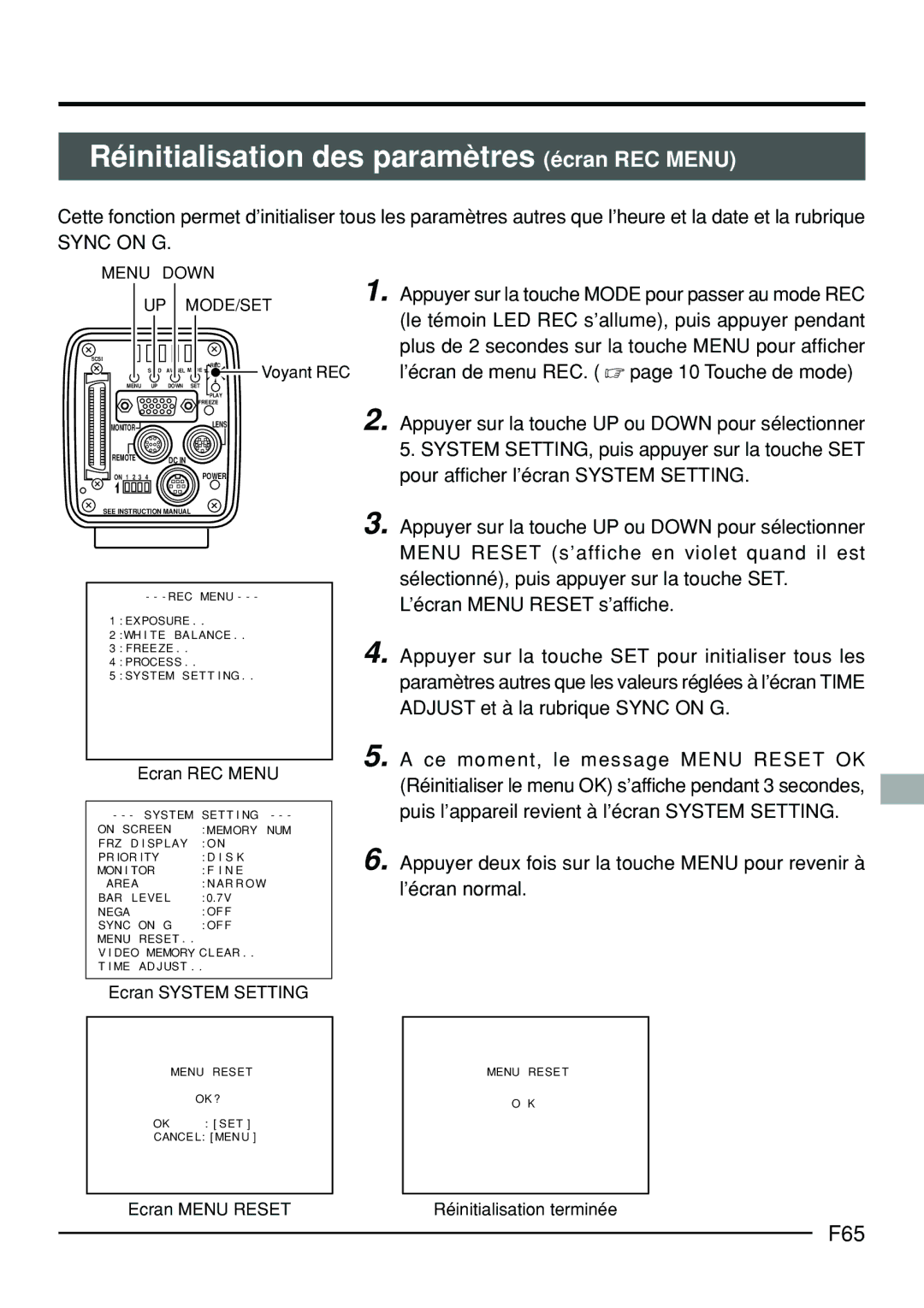 JVC KY-F70B manual Réinitialisation des paramètres écran REC Menu, F65 