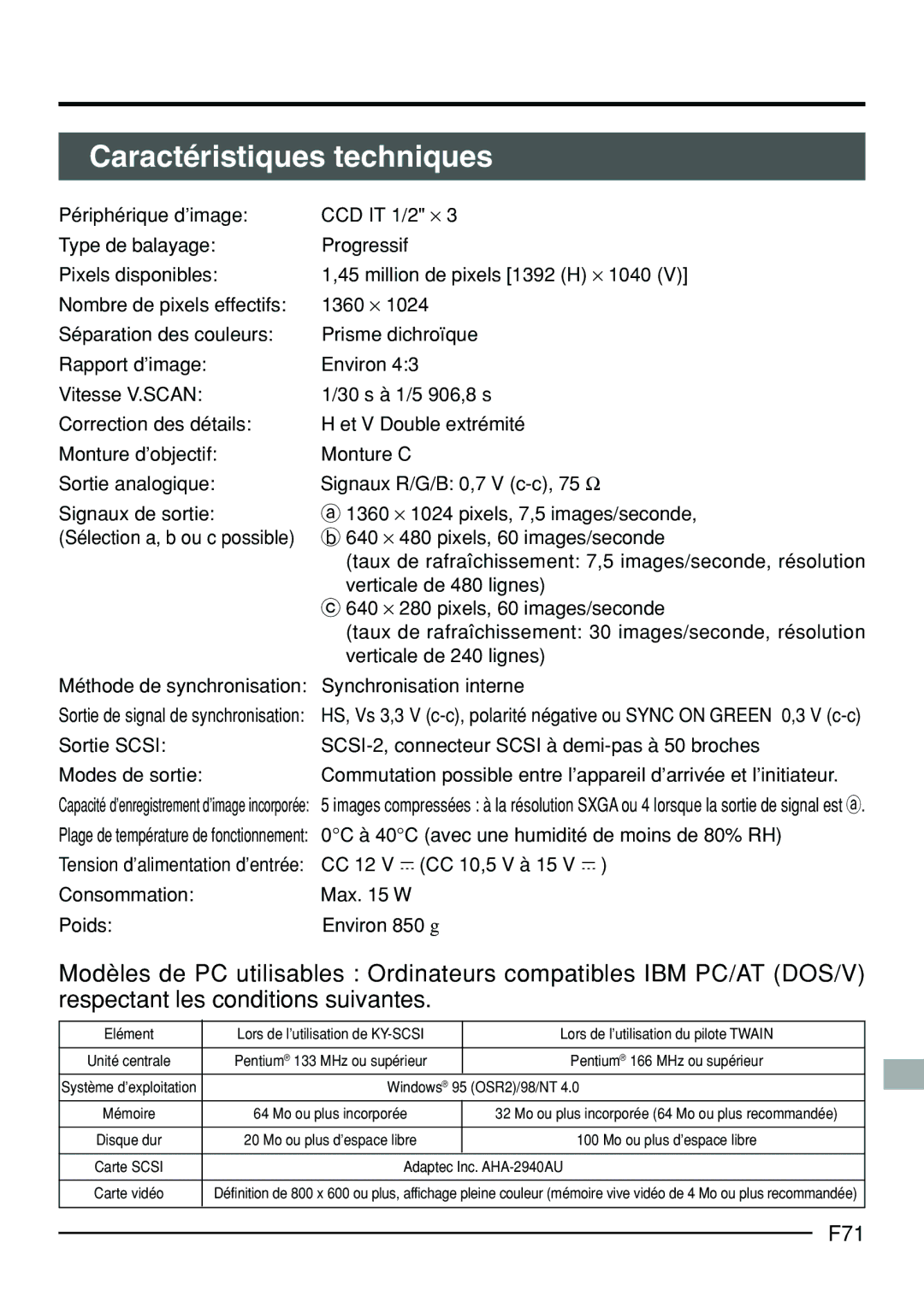 JVC KY-F70B manual Caractéristiques techniques, F71 