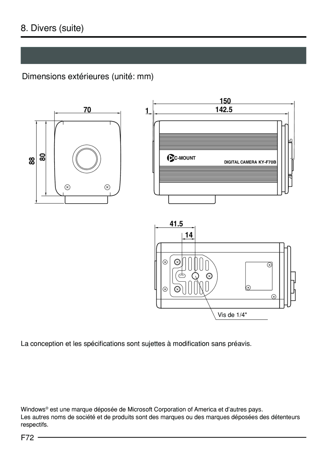 JVC KY-F70B manual Dimensions extérieures unité mm, F72, Vis de 1/4 