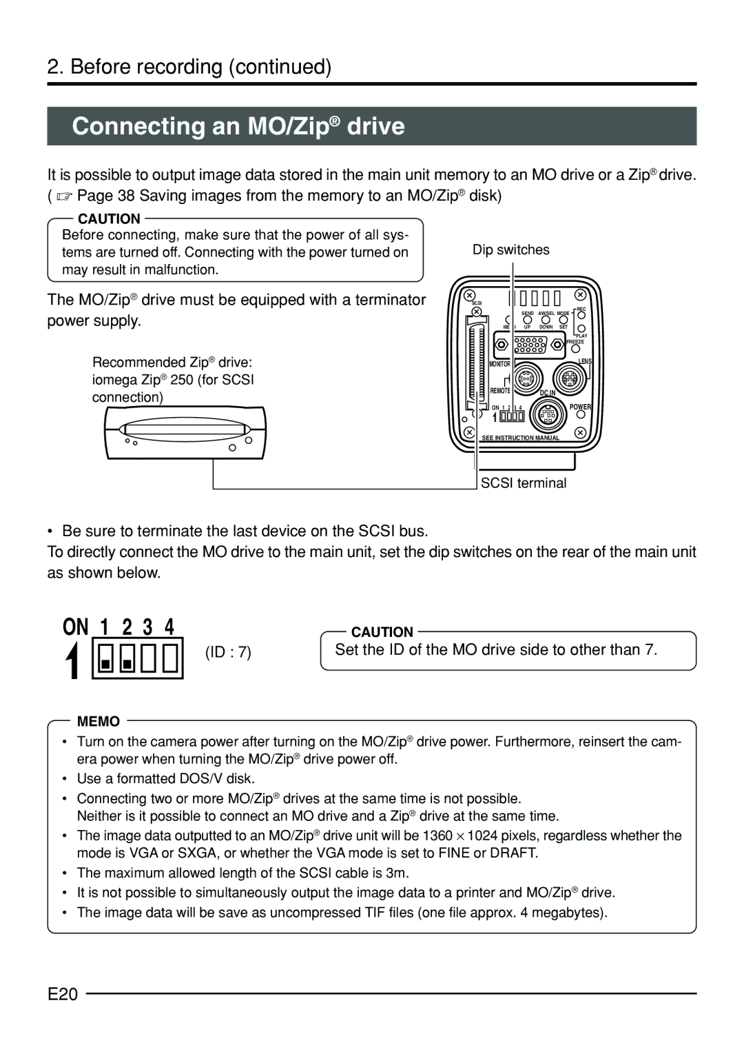 JVC KY-F70B manual Connecting an MO/Zip drive, E20, Scsi terminal 