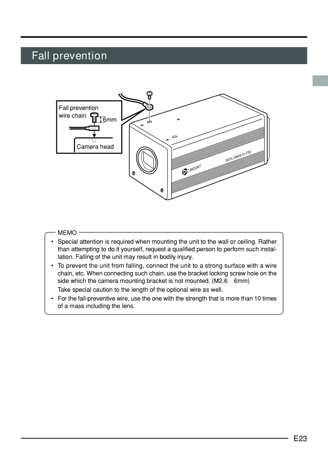 JVC KY-F70B manual E23, Fall prevention Wire chain 6mm Camera head 