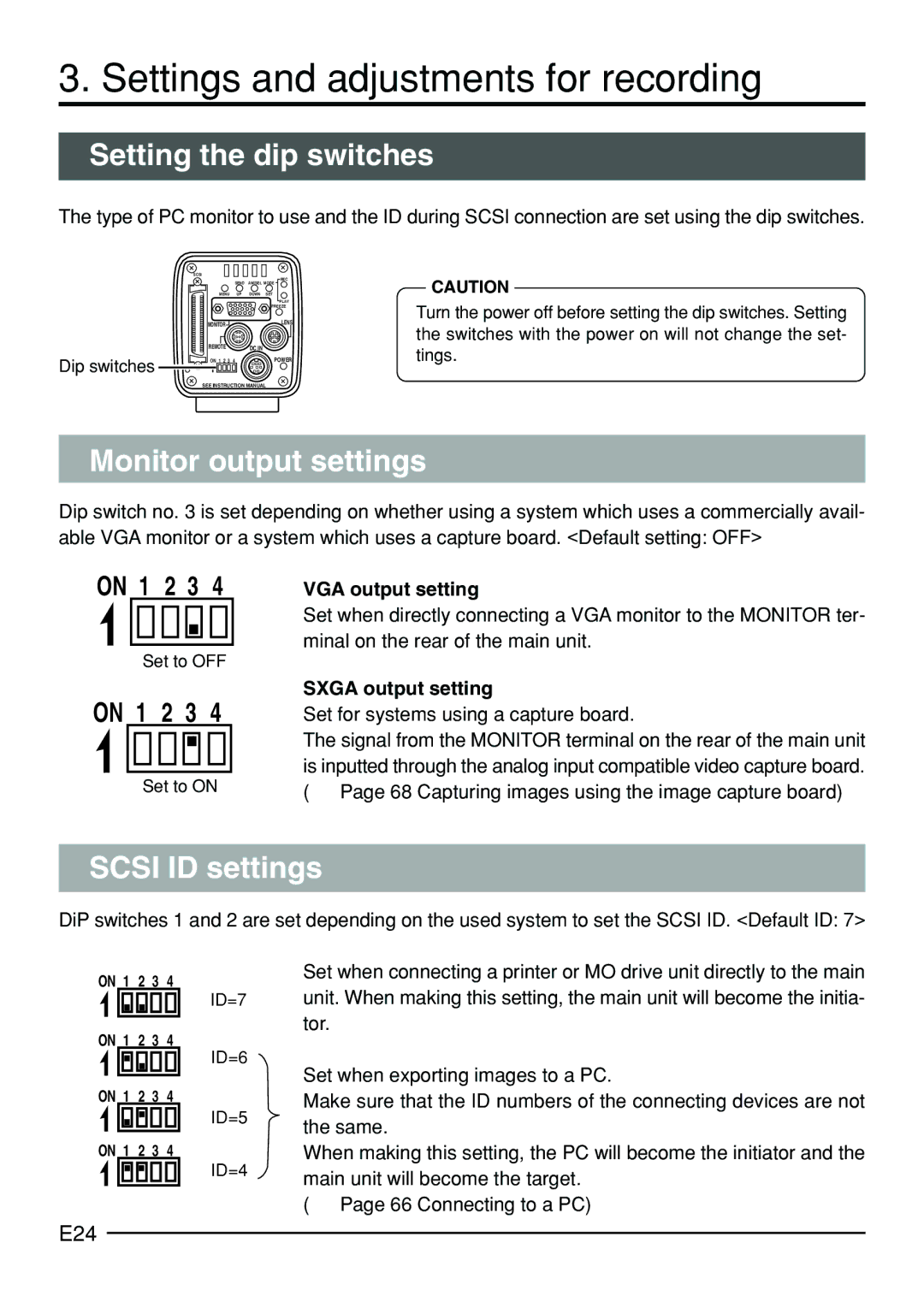 JVC KY-F70B Settings and adjustments for recording, Setting the dip switches, Monitor output settings, Scsi ID settings 