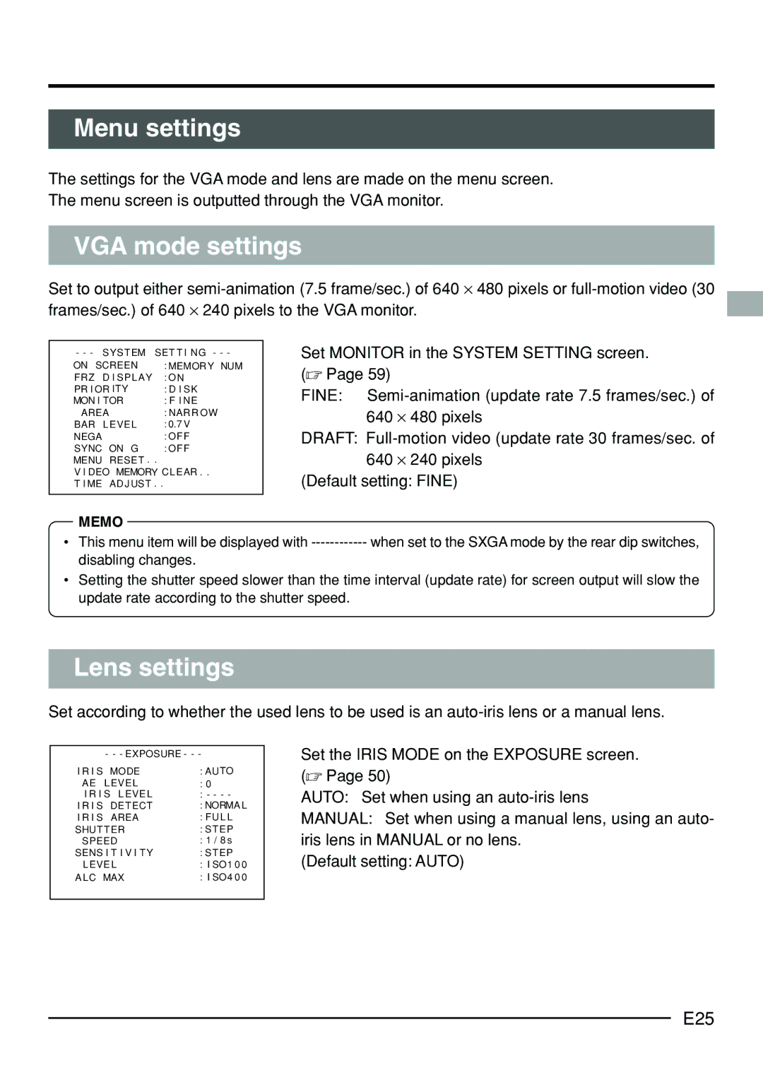 JVC KY-F70B manual Menu settings, VGA mode settings, Lens settings, E25 