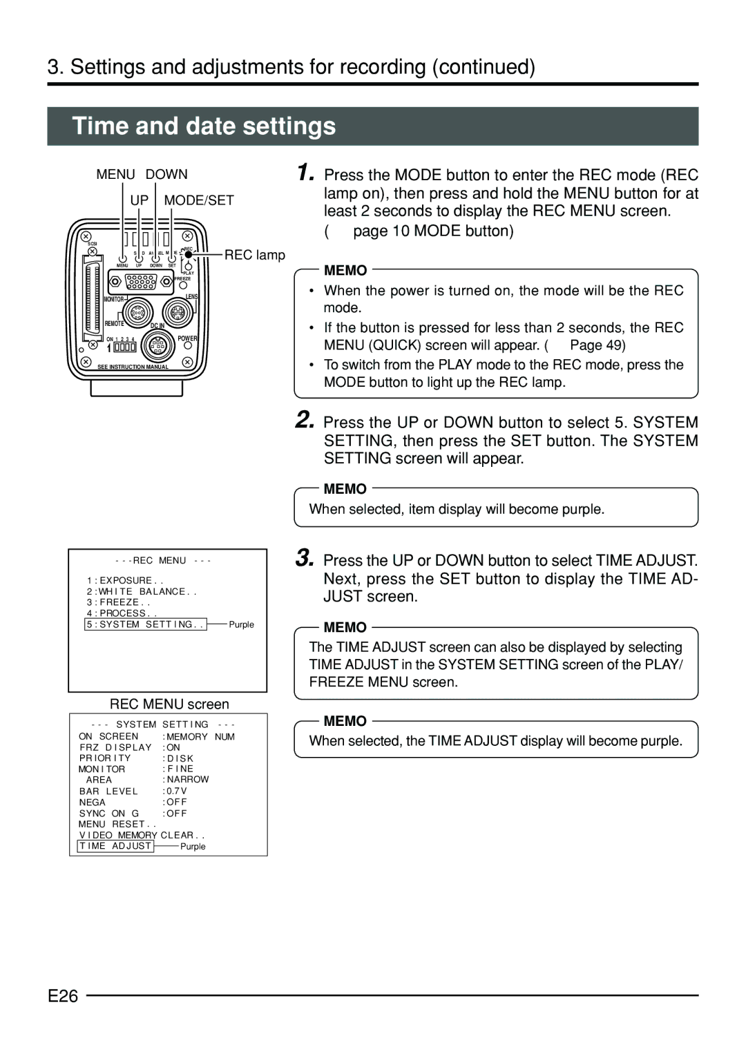 JVC KY-F70B manual Time and date settings, E26,  page 10 Mode button 