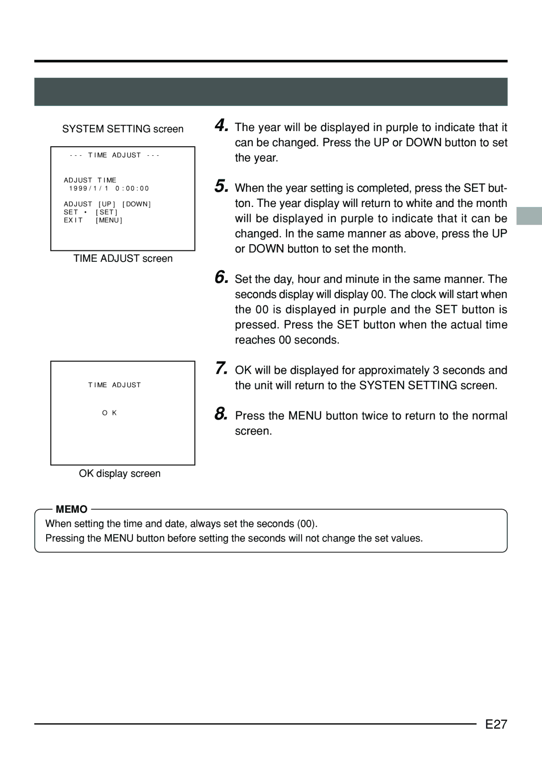 JVC KY-F70B E27, Press the Menu button twice to return to the normal screen, System Setting screen, Time Adjust screen 