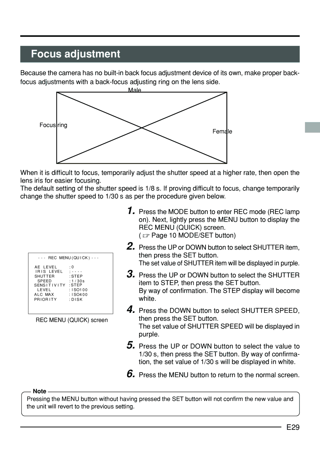 JVC KY-F70B manual Focus adjustment, E29, Press the Menu button to return to the normal screen, Male Focus ring Female 