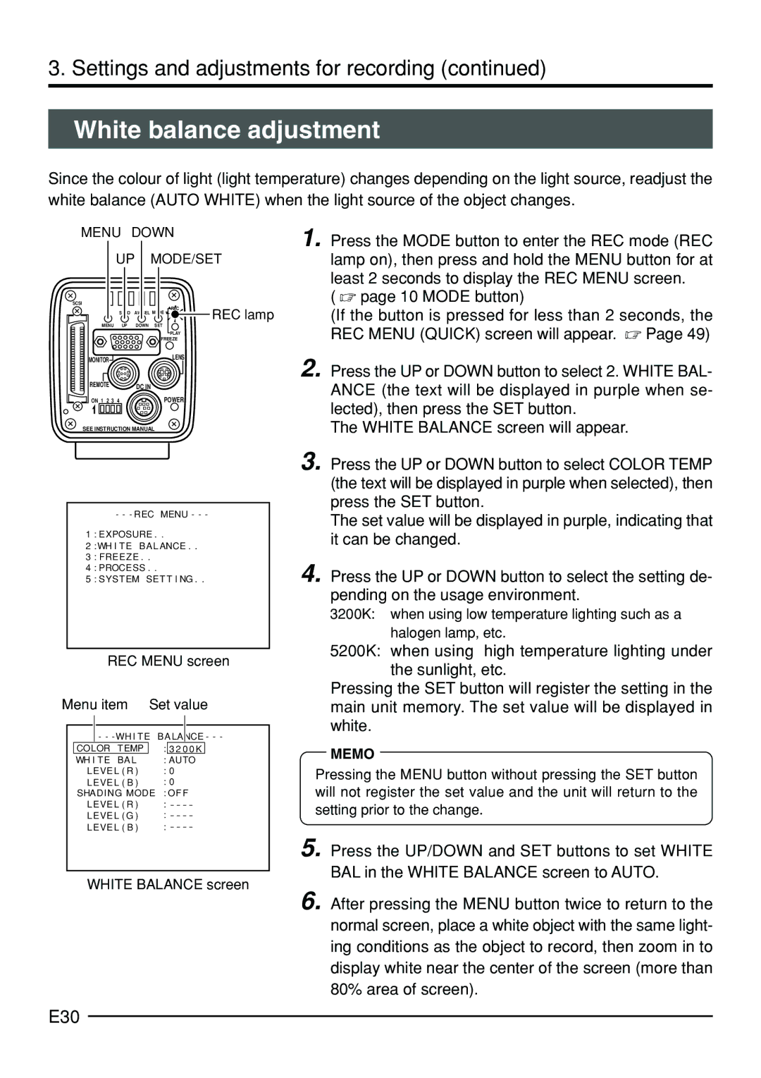 JVC KY-F70B manual White balance adjustment, E30, REC MENUscreen Menu item Set value, White Balance screen 