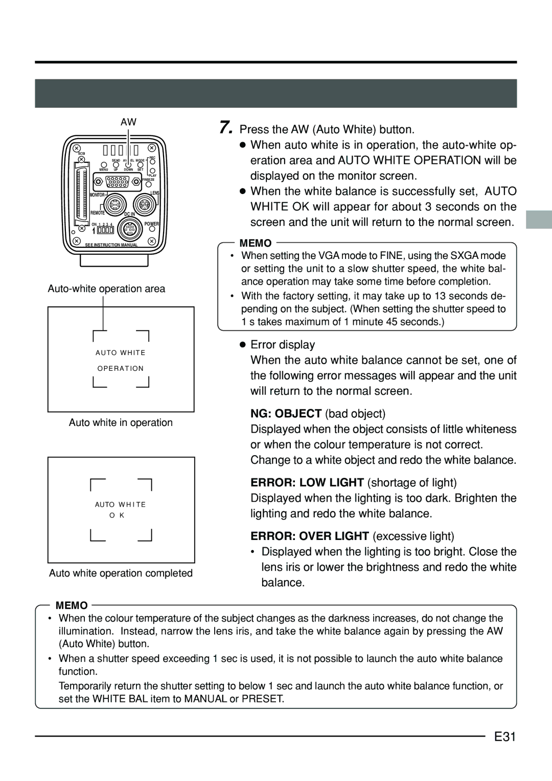 JVC KY-F70B manual E31, Error Over Light excessive light 