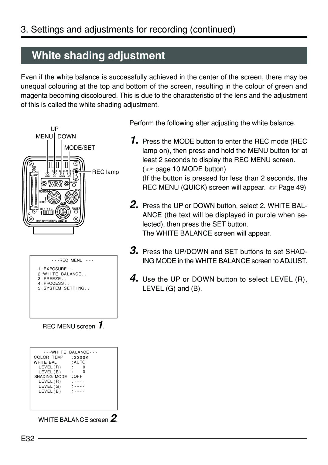 JVC KY-F70B manual White shading adjustment, E32, Perform the following after adjusting the white balance 