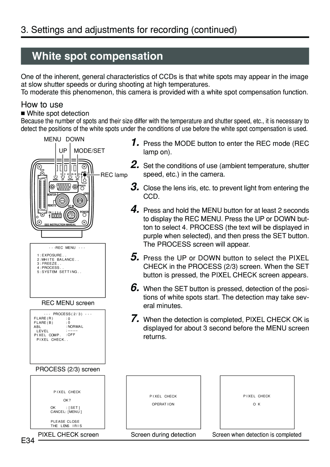 JVC KY-F70B manual White spot compensation, How to use, E34,  White spot detection 