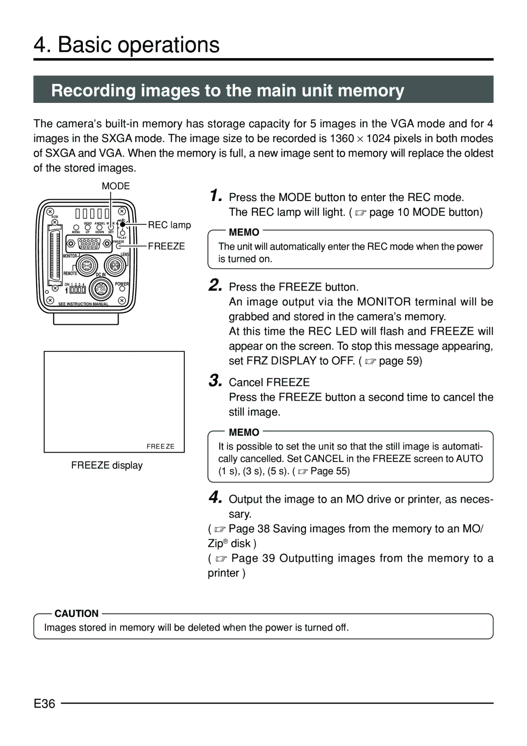 JVC KY-F70B manual Basic operations, Recording images to the main unit memory, E36, Freeze display 