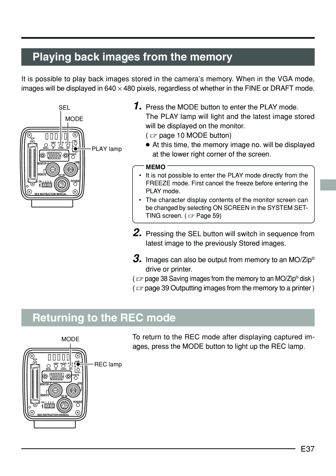 JVC KY-F70B manual Playing back images from the memory, Returning to the REC mode, E37 