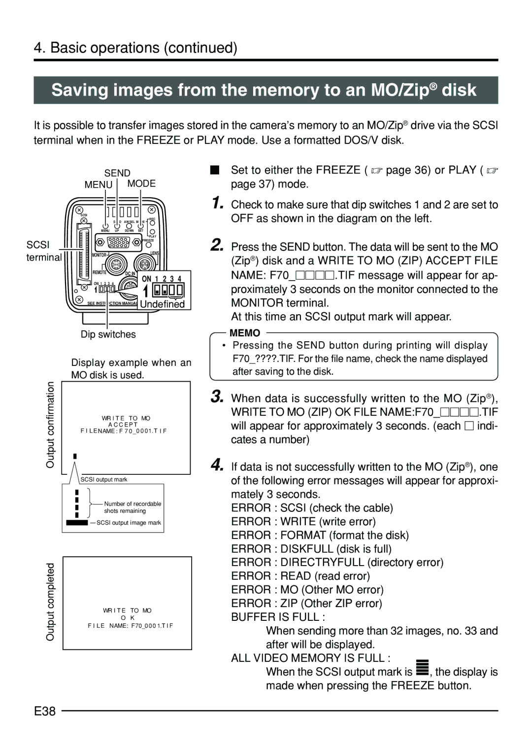 JVC KY-F70B manual Saving images from the memory to an MO/Zip disk, E38, Buffer is Full, ALL Video Memory is Full 