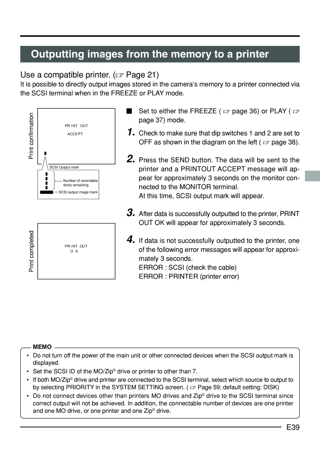 JVC KY-F70B manual Outputting images from the memory to a printer, Use a compatible printer. , E39, CompletedPrint 