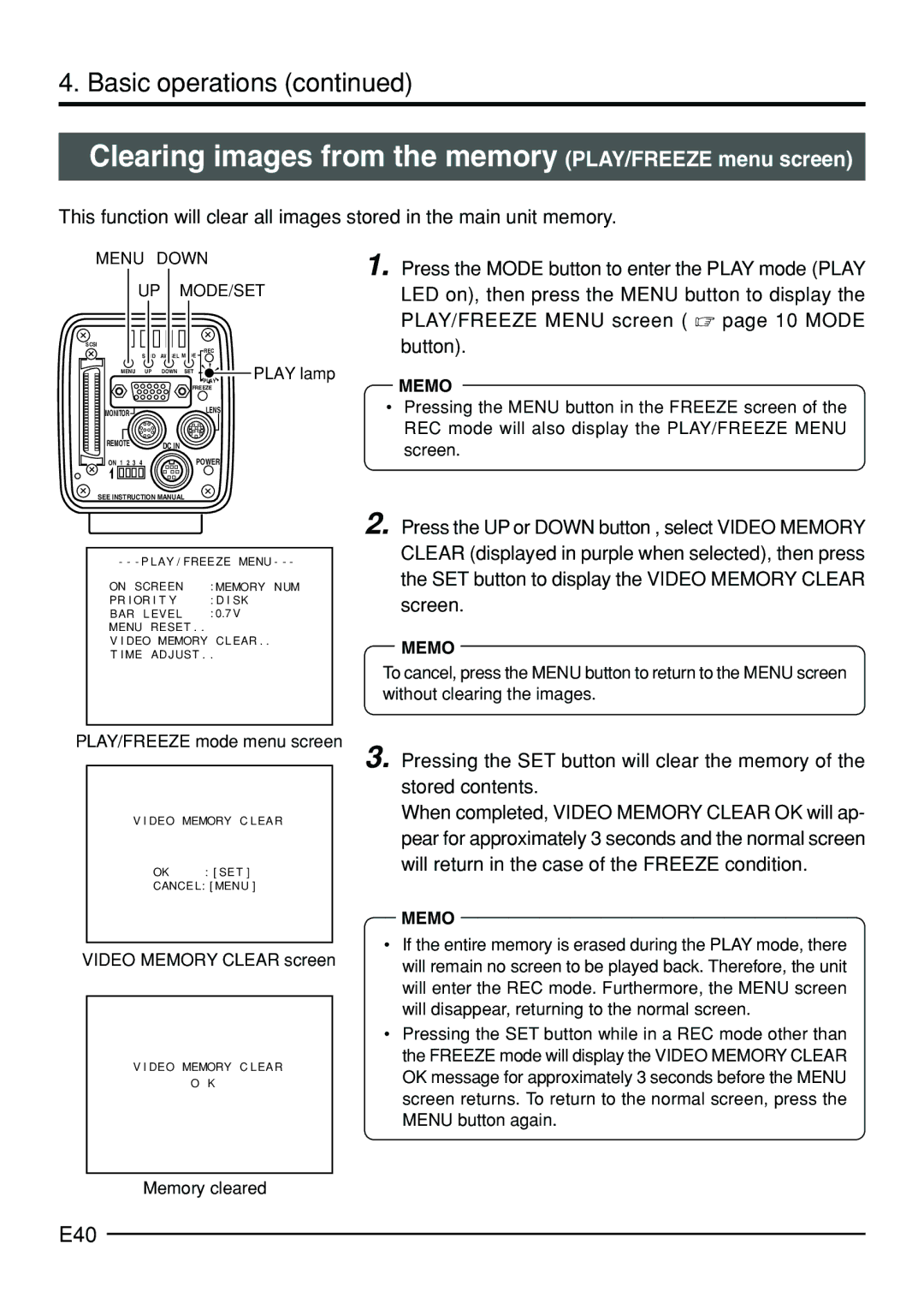 JVC KY-F70B manual Clearing images from the memory PLAY/FREEZE menu screen, E40, Video Memory Clear screen 