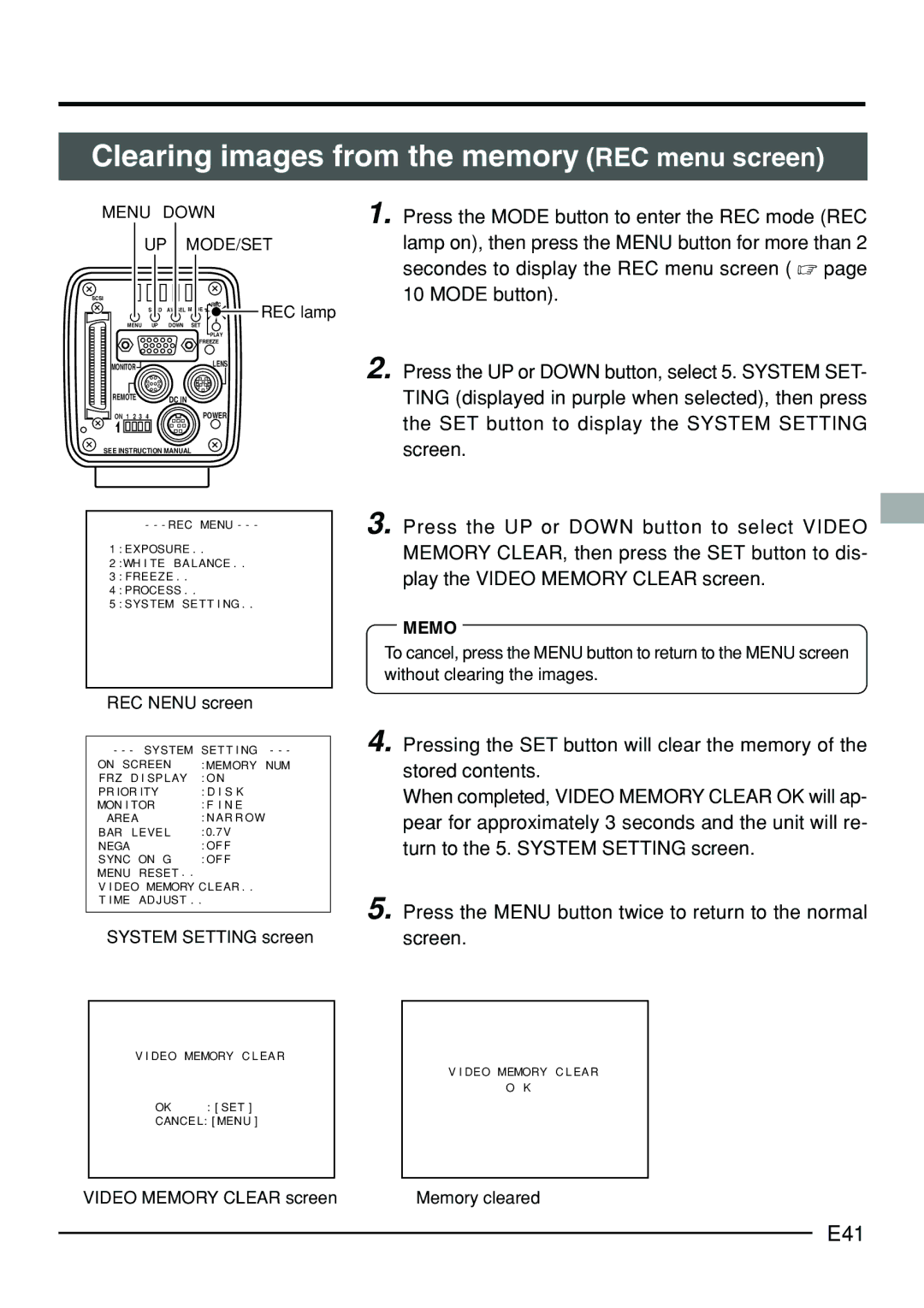 JVC KY-F70B manual Clearing images from the memory REC menu screen, E41, Lamp on, then press the Menu button for more than 