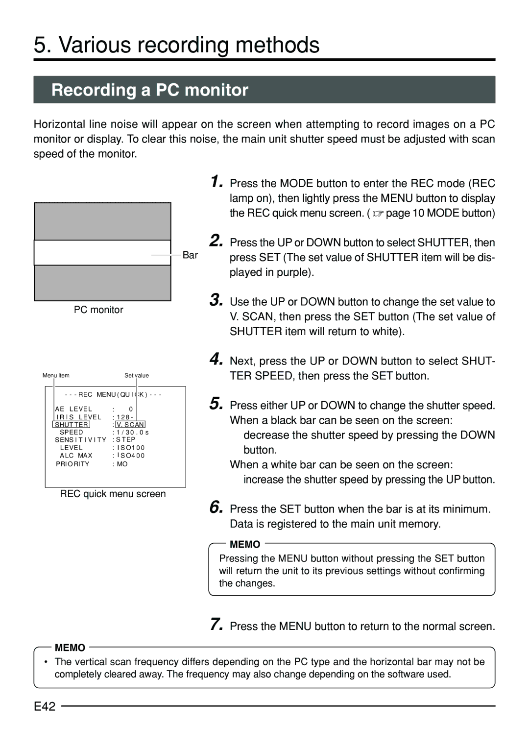 JVC KY-F70B Various recording methods, Recording a PC monitor, E42, Decrease the shutter speed by pressing the Down button 