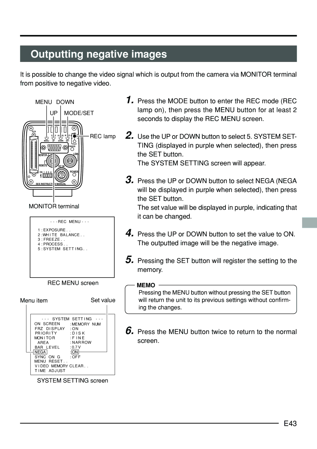 JVC KY-F70B manual Outputting negative images, E43, Monitor terminal, REC MENUscreen Menu item 