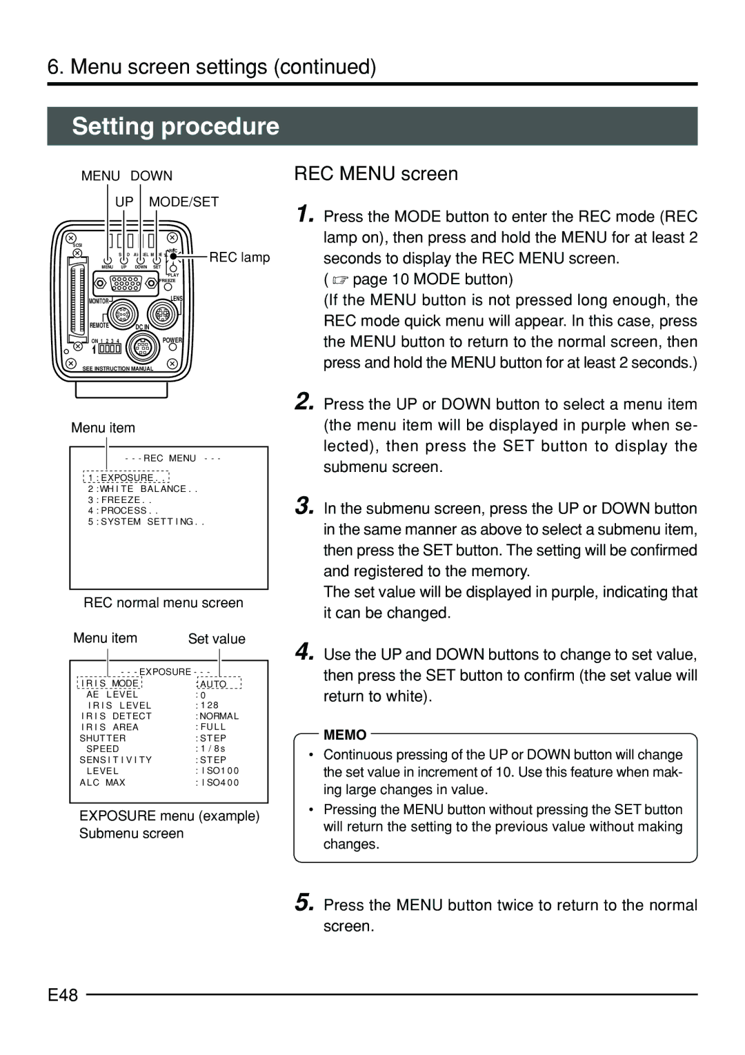 JVC KY-F70B manual Setting procedure, REC Menu screen, E48, REC normal menu screen Menu item Set value 