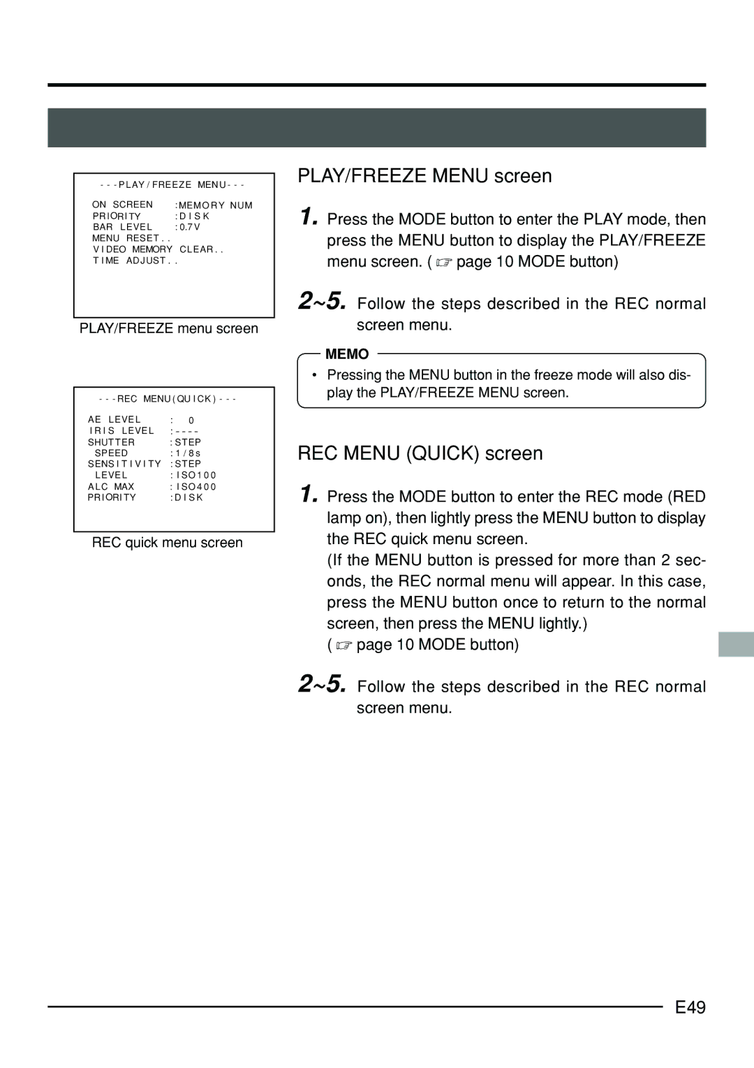 JVC KY-F70B manual PLAY/FREEZE Menu screen, REC Menu Quick screen, E49 