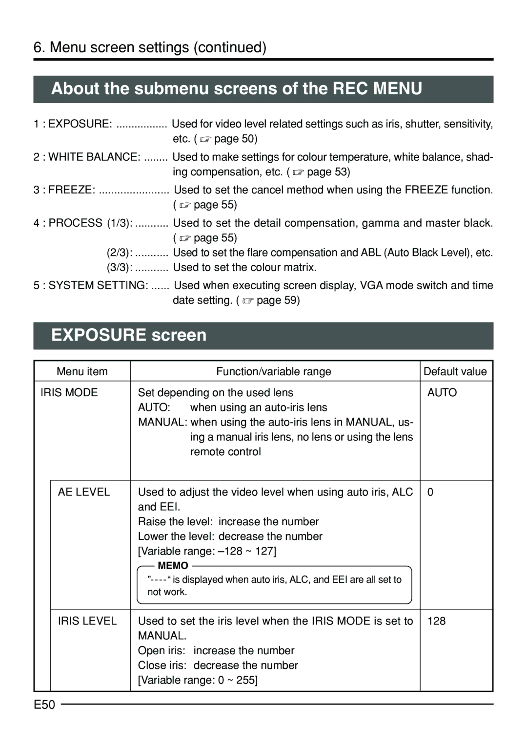 JVC KY-F70B manual About the submenu screens of the REC Menu, Exposure screen, E50 