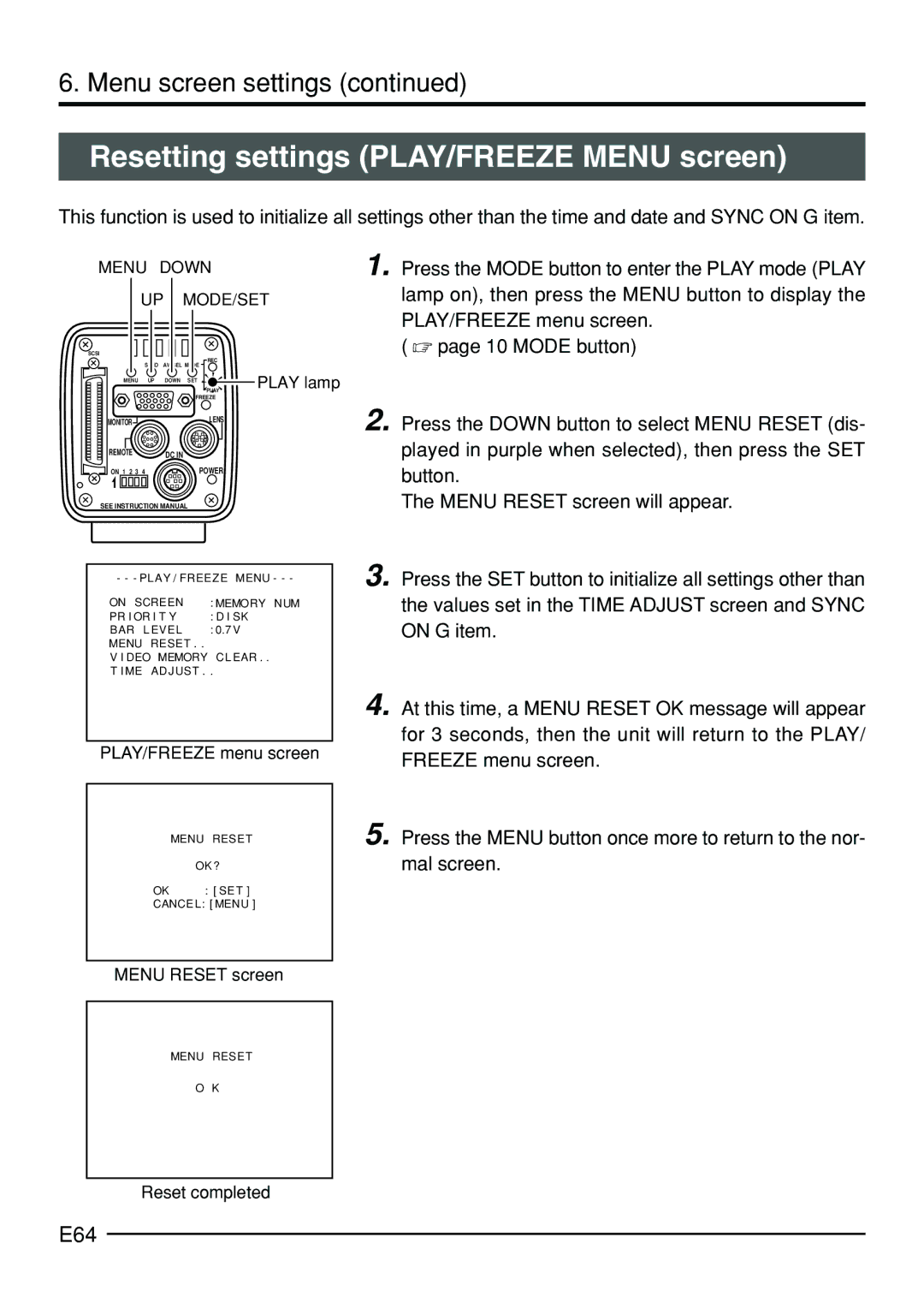 JVC KY-F70B manual Resetting settings PLAY/FREEZE Menu screen, E64, Reset completed 