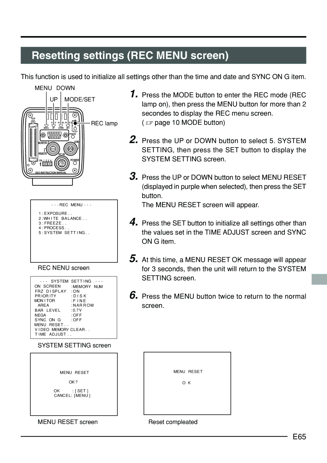 JVC KY-F70B manual Resetting settings REC Menu screen, E65, Secondes to display the REC menu screen 