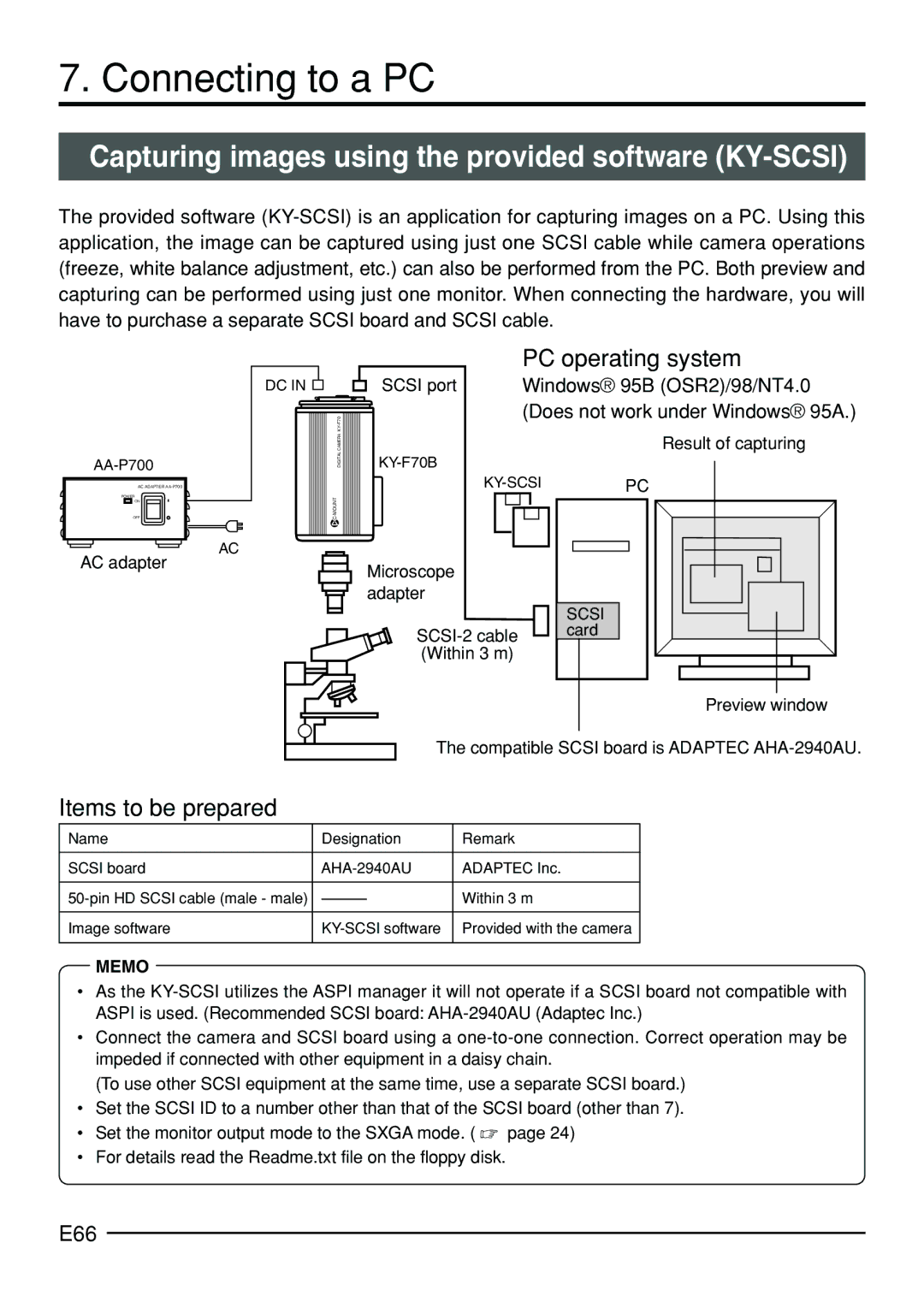 JVC KY-F70B manual Connecting to a PC, Capturing images using the provided software KY-SCSI, PC operating system, E66 