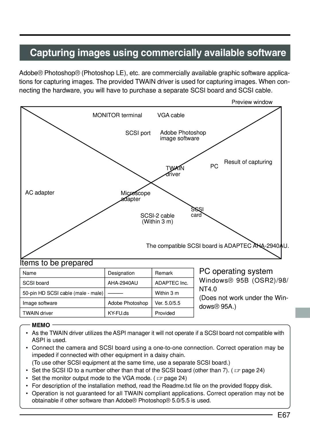 JVC KY-F70B manual Capturing images using commercially available software, Items to be prepared PC operating system, E67 