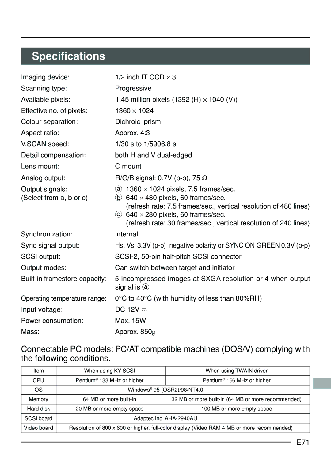 JVC KY-F70B manual Specifications, E71, 640 ⋅ 280 pixels, 60 frames/sec, Synchronization Internal Sync signal output 