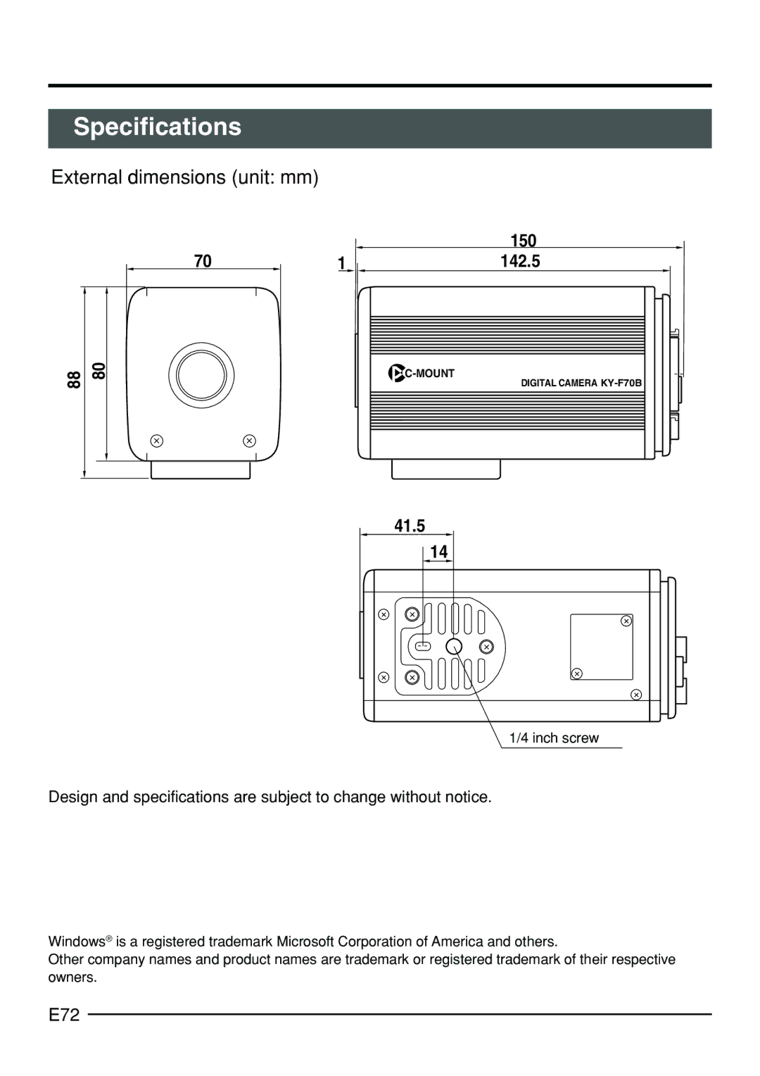 JVC KY-F70B manual External dimensions unit mm, E72, Inch screw 