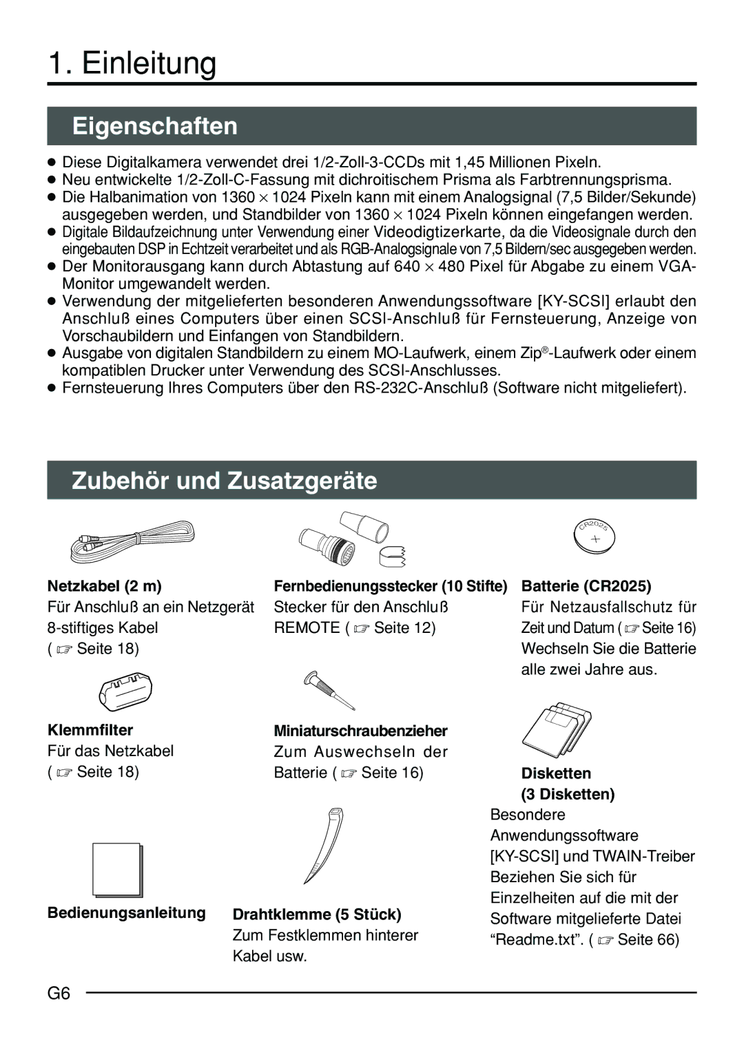 JVC KY-F70B manual Einleitung, Eigenschaften, Zubehör und Zusatzgeräte 