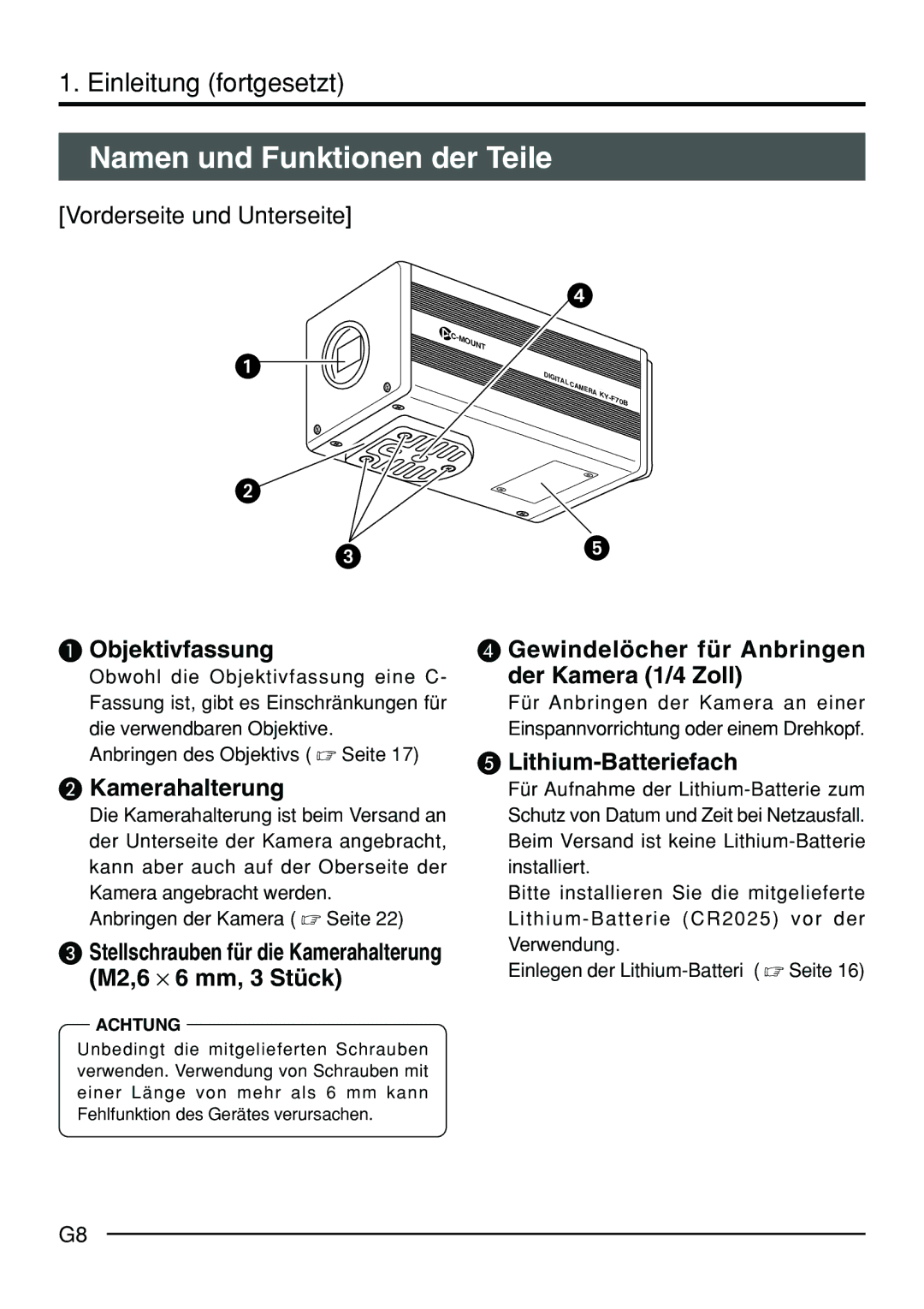 JVC KY-F70B manual Namen und Funktionen der Teile, Vorderseite und Unterseite, Obwohl die Objektivfassung eine C 