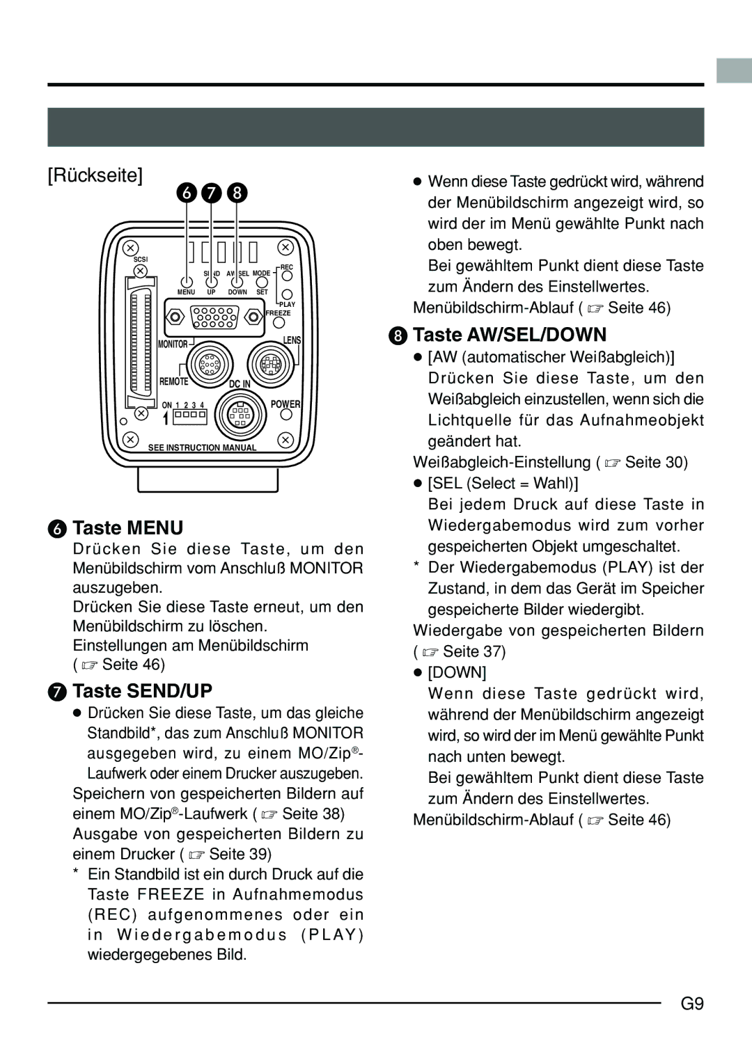 JVC KY-F70B manual Rückseite, Ausgabe von gespeicherten Bildern zu einem Drucker  Seite 