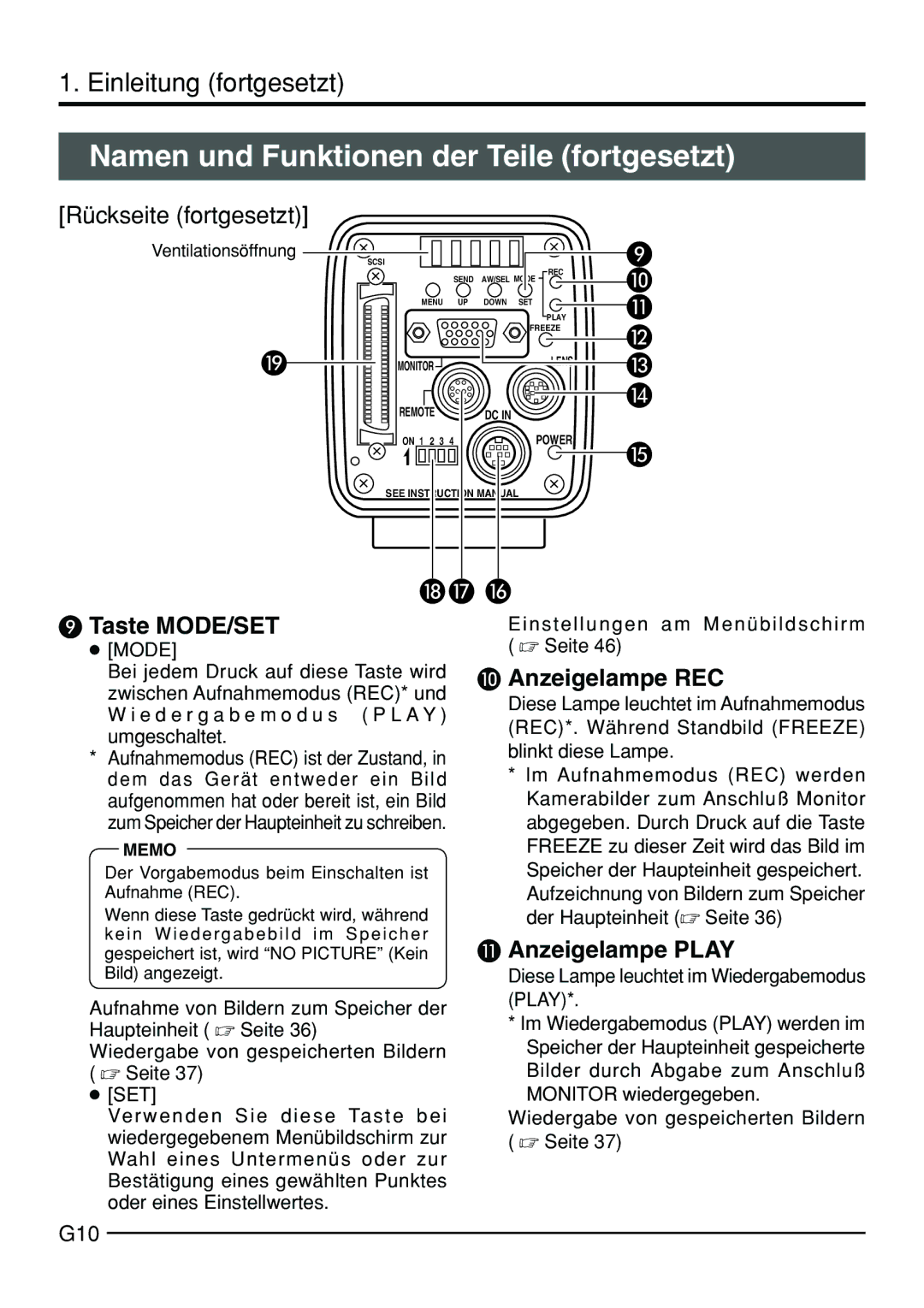 JVC KY-F70B manual Namen und Funktionen der Teile fortgesetzt, Rückseite fortgesetzt, G10 