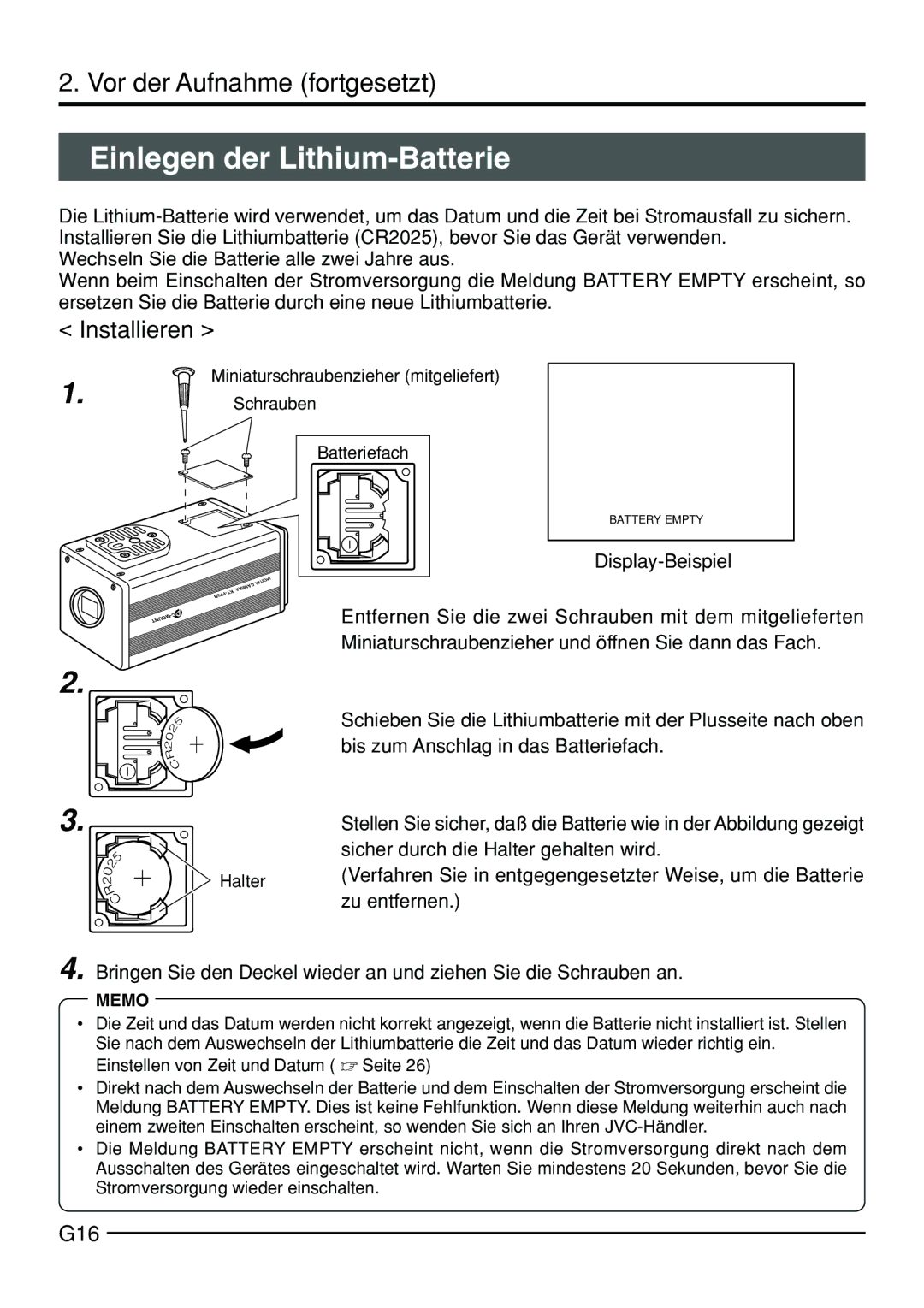 JVC KY-F70B manual Einlegen der Lithium-Batterie, Installieren, G16 