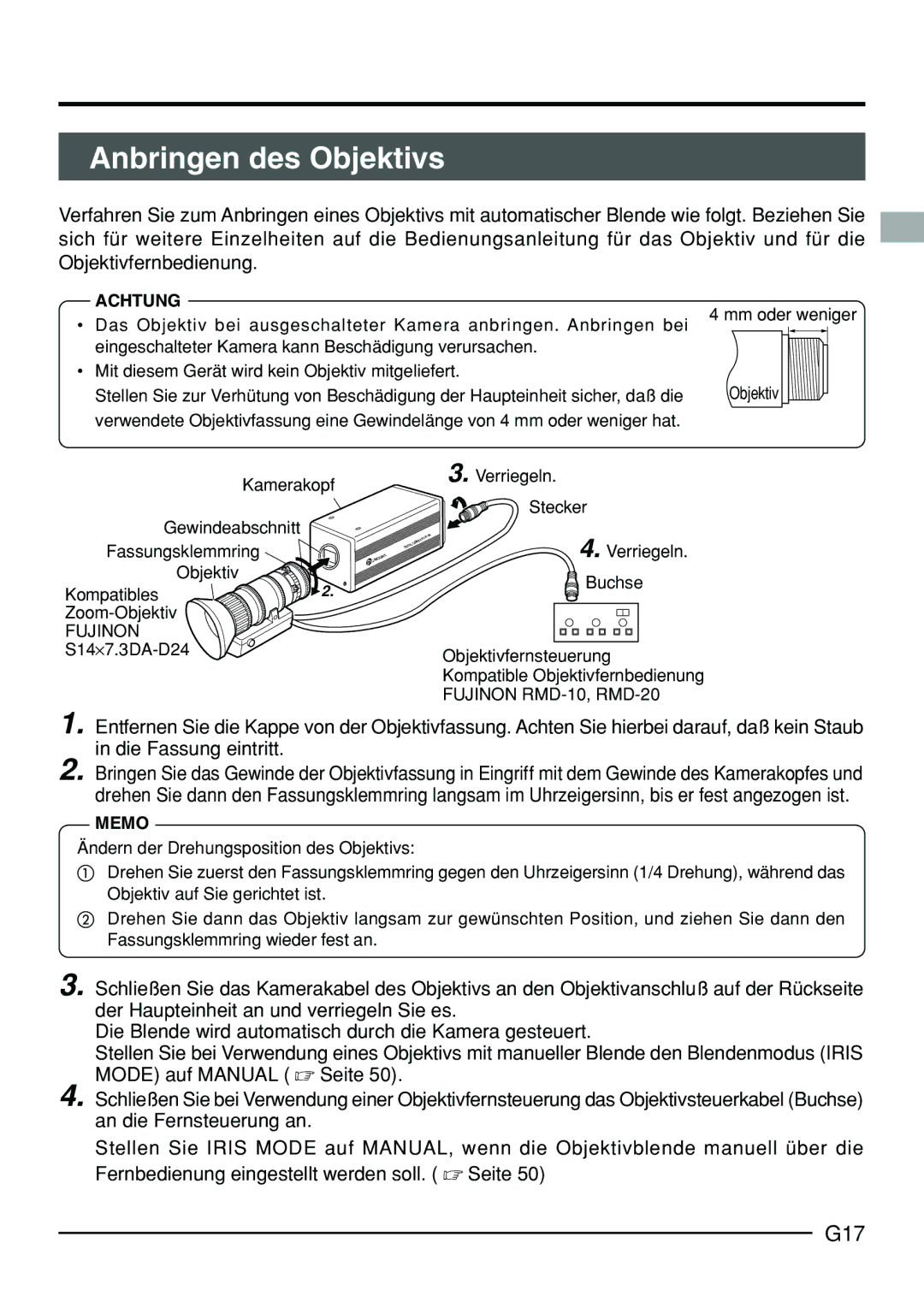 JVC KY-F70B manual Anbringen des Objektivs, G17 